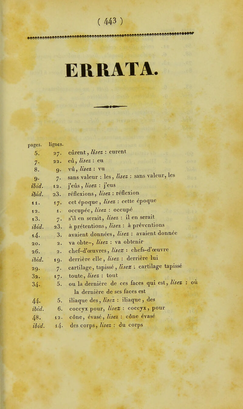 ERRATA. paees. lignes. 5. 27. eurent, lisez : eurent 7. t 22. eû, lisez : eu 8. 9. vu, lisez : vu 9- 7. sans valeur : les, Usez : sans valeur, les îhid. 12. j'eus , lisez : j'eus ibid. 23. réflexions, lisez : réflexion 11. *7- cet époque, lisez : cette époque 12. 1. occupée, lisez : occupé i3. 7- s'il en serait, lisez : il en serait ibid. 23. à prétentions, lisez : à préventions i4. 3. avaient données, lisez : avaient donnée 20. 2. va obte-, lisez : va obtenir 26. 2. cbef-d'œuvres, lisez : chefs-d'œuvre ibid. 19- derrière elle, lisez : derrière lui 29- 7- cartilage, tapissé , lisez '. cartilage tapissé 32. 17. toute, lisez : tout 34. 5. ou la dernière de ces faces qui est, lisez la dernière de ses faces est 44. 5. iliaque des, lisez : iliaqxie, des ibid. 6. coccyx pour, lisez : coccyx, pour 48. 12. cône, évasé, lisez : cône évasé ibid. i4- des corps, lisez : du corps