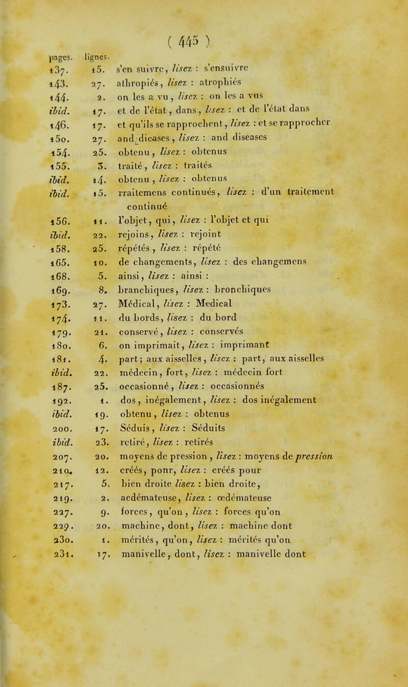 pages. lignes. 137. i5. s'en suivre, Usct. : s'ensuivre i43. 27. alliroplés, lisez : atrophiés 144. 2. on les ft vu , lisez : on les a vus ibid. *7- et de l'état, dans, l/sez : et de l'état dans 146. «7- et qu'ils se rapprochent, lisez : et se rapprocher i5o. 27. and. dicases, lisez : and diseascs 154. 25. obtenu, lisez: obtenus i55. 3. traité , lisez : traités ibid. «4. obtenu , lisez : obtenus ibid. i5. rraitemens continués, lisez : d'un traitement continué l56. 11. l'objet, qui, lisez : l'objet et qui ibid. 22. rejoins, lisez : rejoint i58. 25. répétés , lisez : répété i65. 10. de changements, lisez : des changemens 168. 5. ainsi, liseï : ainsi : 169. 8. branchiques, lisez: bronchiques 173. 27. Médical, lisez : Médical 174. 11. du bords, lisez : du bord 179- 21. conservé, lisez : conservés 180. 6. on imprimait, lisez : imprimant 181. 4. part; aux aisselles , lisez : part, aux aisselles ibid. 22. médecin, fort, lisez : médecin fort 187. 25. occasionné, lisez: occasionnés 192. 1. dos , inégalement, lisez : dos inégalement ibid. *9- obtenu , lisez : obtenus 200. *7- Séduis , lisez : Séduits ibid. 23. retiré, lisez : retirés 207. 20. moyens de pression , lisez : moyens de pression 2ia« 12. créés, ponr, lisez : créés pour 217. 5. bien droite lisez : bien droite, 219. 2. aedémateuse, lisez : œdémateuse 227. 9- forces, qu'on, lisez : forces qu'on 229. 20. machine, dont, lisez : machine dont a3o. 1. mérités, qu'on, lisez : mérités qu'on 23l. »7- manivelle, dont, lisez : manivelle dont
