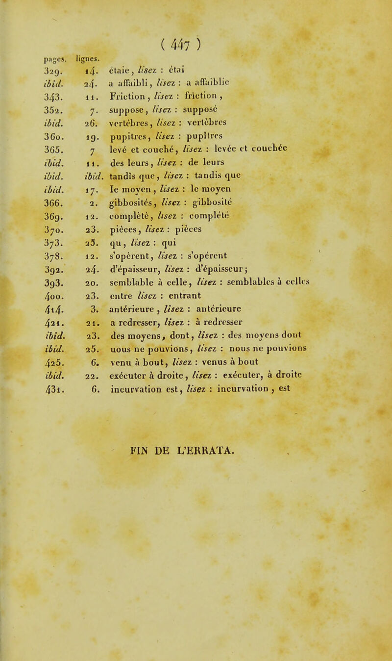 1 o iicnes. 320. i4- ëlaie, //scz : clai ibid. 24> a affaibli, lisez: a affaiblie 343. 11. Friction , lisez : friction , 352. 7. suppose, lisez : supposé ibid. 26. vertèbres, lisez : vertèbres 3 60. pupitres, lisez : pupitres 3G5. 7 levé et couché, lisez : levée et couchée ihid. 11. des leurs, lisez : de leurs ibid. ibid. tandis que, lisez : tandis que ibid. 17- le moyen , lisez : le moyen 366. 2. gibbosités, lisez : gibbosilé 369. 12. complété, lisez : complété 370. 23. pièces, lisez : pièces 373. 23. ou , lisez : qui 378. 12. s'opèrent, /«jcz : s'opèrent 392. 24. d'épaisseur, lisez : d'épaisseur : 393. 20. semblable à celle, lisez : semblables à celles 4oo. 23. entre lisez : entrant 4i4- 3. antérieure , lisez : antérieure 421. 21. a redresser, lisez : à redresser ibid. 23. des moyens, dont, lisez : des nioyens dont ibid. 25. uous ne pouvions, lisez : nous ne pouvions 426. 6. venu à bout, lisez : venus à bout ibid. 22. exécuter à droite, lisez : exécuter, à droite 43l. G. incurvation est, lisez : incurvation , est FIN DE L'ERRATA.