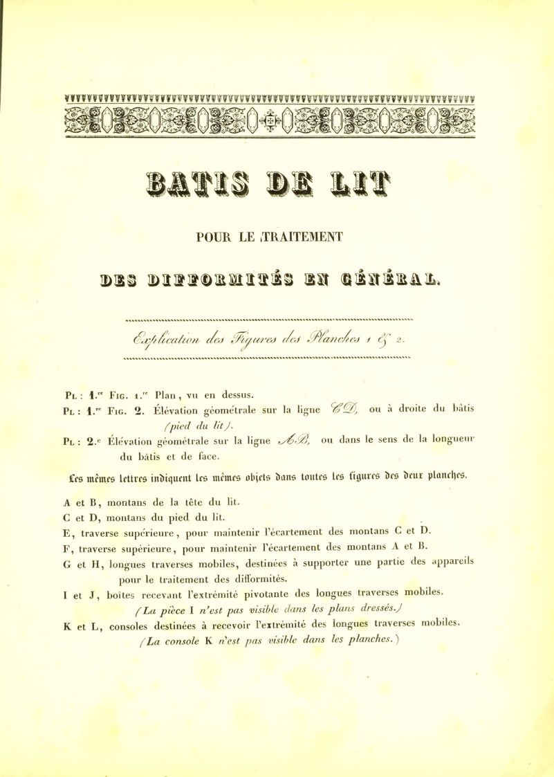 i k vx.xx/«^xxx-x xx^vx. vx-vxx ».x/xx vx v Pl : i.re Fig. i.re Plan, vu en dessus. Pl : l.re Fig. 2. Élévation géometrale sur la ligne ou >A droite du bâtis {pied du litj. Pl : 2.e Élévation géometrale sur la ligne ou dans le sens de la longueur du bâtis et de face. Cfs rabats lettre indiquent les tannée objets ïunô toutes les figures oes oeu* planeljes. A et B, montans de la tête du lit. C et D, montans du pied du lit. E, traverse supérieure, pour maintenir Técartement des montans C et D. F, traverse supérieure, pour maintenir Técartement des montans A et B. G et H, longues traverses mobiles, destinées à supporter une partie des appareils pour le traitement des difformités. I et J, boites recevant l'extrémité pivotante des longues traverses mobiles. (La pièce I n'est pas visible dans les plans dressés J K et L, consoles destinées à recevoir l'extrémité des longues traverses mobiles. (La console K n'est pas visible dans les planches.)