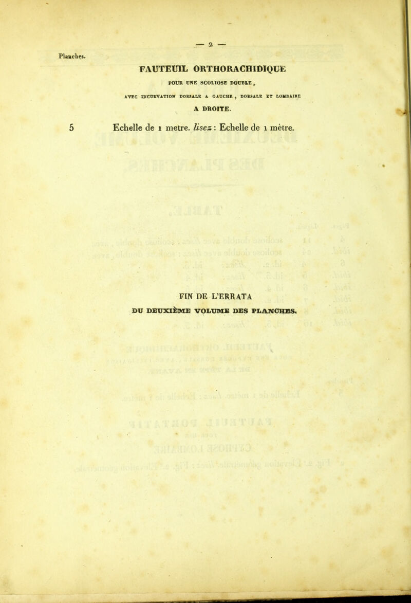 FAUTEUIL ORTHORACHIDIQUE POUR UNE SCOLIOSE DOUBLE , AVEC INCORVATIOH DORSALE A GAUCHE , DORSALE ET LOMBAIRE A DROITE. Echelle de 1 mètre, lisez : Echelle de 1 mètre. FIN DE L'ERRATA DU DEUXIÈME VOLUME DES PLANCHES.