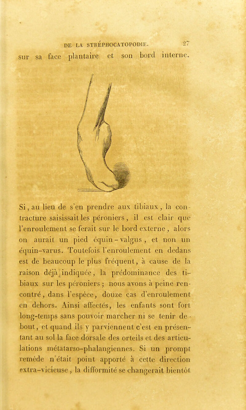 sur sa face plantaire et son bord interne. Si, au lieu de s'en prendre aux tibiaux, la con- tracture saisissait les péroniers, il est clair que l'enroulement se ferait sur le bord externe , alors on aurait un pied équin - valgus , et non un équin-varus. Toutefois l'enroulement en dedans est de beaucoup le plus fréquent, à cause de la raison déjà]indiquée, la prédominance des ti- biaux sur les péroniers ; nous avons à peine ren- contré, dans l'espèce, douze cas d'enroulement en dehors. Ainsi affectés, les enfants sont fort long-temps sans pouvoir marcher ni se tenir de - bout, et quand ils y parviennent c'est en présen- tant au sol la face dorsale des orteils et des articu- lations métatarso-phalangiennes. Si un prompt remède n'était point apporté à cette direction ' xtra-vicieusc , la difformité se changerait bientôt