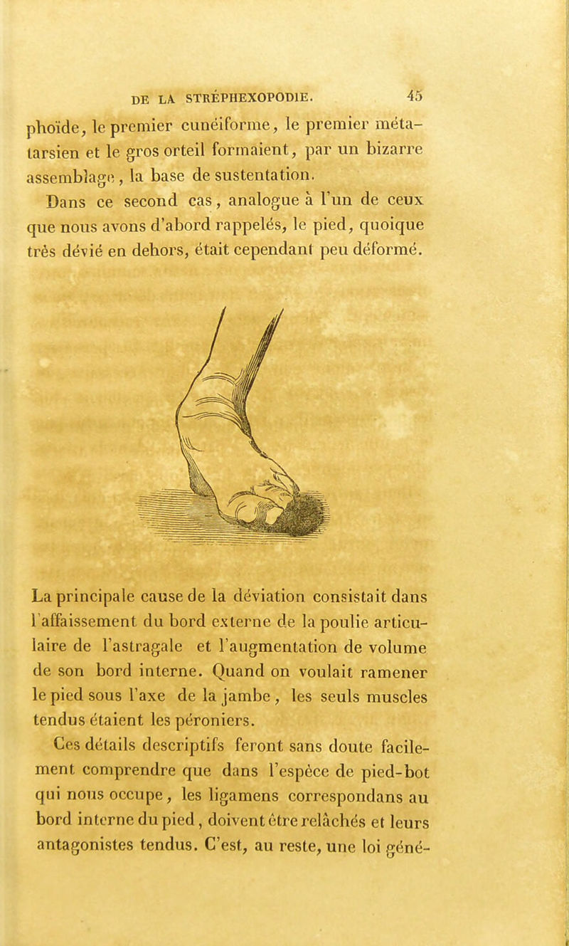 phoïde, le premier cunéiforme, le premier méta- tarsien et le gros orteil formaient, par un bizarre assemblage , la base de sustentation. Dans ce second cas, analogue à l'un de ceux que nous avons d'abord rappelés, le pied, quoique très dévié en dehors, était cependant peu déformé. La principale cause de la déviation consistait dans l'affaissement du bord externe de la poulie articu- laire de l'astragale et l'augmentation de volume de son bord interne. Quand on voulait ramener le pied sous l'axe de la jambe , les seuls muscles tendus étaient les péroniers. Ces détails descriptifs feront sans doute facile- ment comprendre que dans l'espèce de pied-bot qui nous occupe, les ligamens correspondans au bord interne du pied, doivent être relâchés et leurs antagonistes tendus. C'est, au reste, une loi géné-