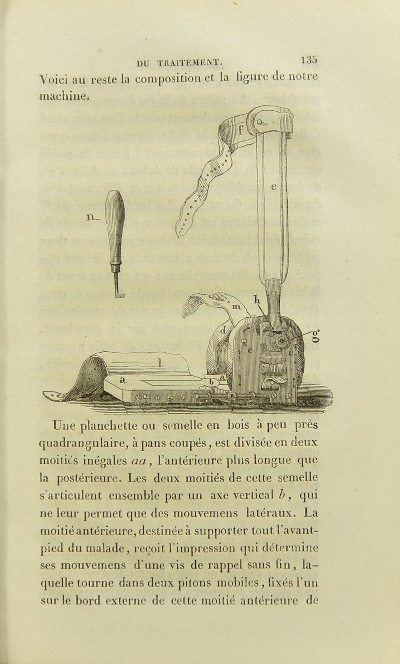 Voici au reste la composition et la figure de notre machine. Une planchette ou semelle en bois à peu près quadrangulaire, à pans coupés, est divisée en deux moitiés inégales aa, l'antérieure plus longue que la postérieure. Les deux moitiés de cette semelle s'articulent ensemble par un axe vertical b, qui ne leur permet que des mouvemens latéraux. La moitié antérieure, destinée à supporter toutl'avant- pied du malade, reçoit l'impression qui détermine ses mouvemens d'une vis de rappel sans fin, la- quelle tourne dans deux pitons mobiles, fixés l'un sur le bord externe de cette moitié antérieure de