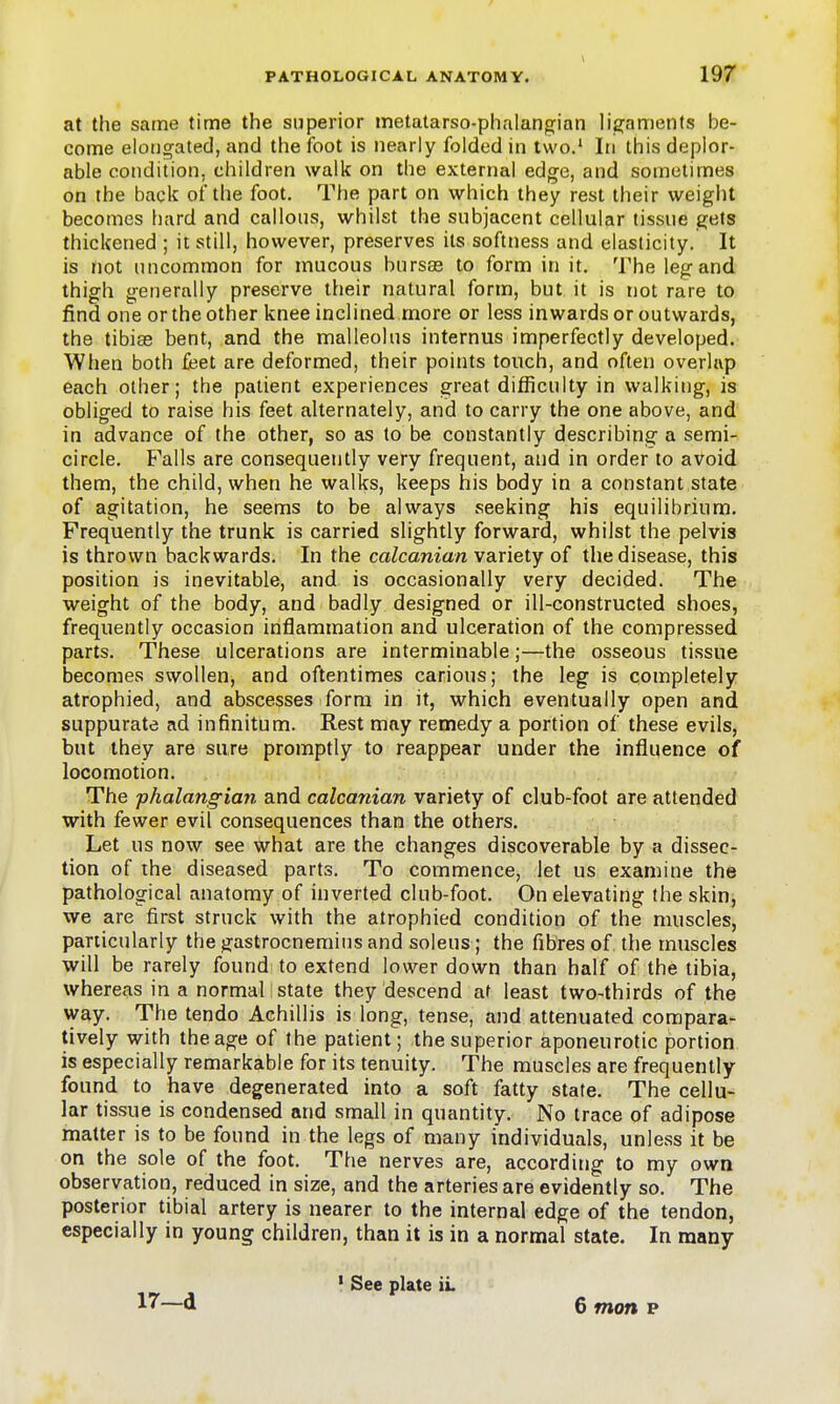 at the same time the superior metatarso-phaIang[ian li2:aments be- come elongated, and the foot is nearly folded in two.' In this deplor- able condition, children walk on the external edge, and sometimes on the back of the foot. The part on which they rest their weight becomes hard and callous, whilst the subjacent cellular tissue gets thickened ; it still, however, preserves its softness and elasticity. It is not uncommon for mucous bursas to form in it. The leg and thigh generally preserve their natural form, but it is not rare to find one or the other knee inclined more or less inwards or outwards, the tibias bent, and the malleolus internus imperfectly developed. When both feet are deformed, their points touch, and often overlap each other; the patient experiences great difficulty in walking, is obliged to raise his feet alternately, and to carry the one above, and in advance of the other, so as to be constantly describing a semi- circle. Falls are consequently very frequent, and in order to avoid them, the child, when he walks, keeps his body in a constant state of agitation, he seems to be always seeking his equilibrium. Frequently the trunk is carried slightly forward, whilst the pelvis is thrown backwards. In the calcanian variety of the disease, this position is inevitable, and is occasionally very decided. The weight of the body, and badly designed or ill-constructed shoes, frequently occasion inflammation and ulceration of the compressed parts. These ulcerations are interminable;—the osseous tissue becomes swollen, and oftentimes carious; the leg is completely atrophied, and abscesses form in it, which eventually open and suppurate ad infinitum. Rest may remedy a portion of these evils, but they are sure promptly to reappear under the influence of locomotion. The phalangian and calcanian variety of club-foot are attended with fewer evil consequences than the others. Let us now see what are the changes discoverable by a dissec- tion of the diseased parts. To commence, let us examine the pathological anatomy of inverted club-foot. On elevating the skin, we are first struck with the atrophied condition of the muscles, particularly the gastrocnemius and soleus; the fibres of the muscles will be rarely found to extend lower down than half of the tibia, whereas in a normal state they descend at least two-thirds of the way. The tendo Achillis is long, tense, and attenuated compara- tively with the age of the patient; the superior aponeurotic portion is especially remarkable for its tenuity. The muscles are frequently found to have degenerated into a soft fatty state. The cellu- lar tissue is condensed and small in quantity. No trace of adipose matter is to be found in the legs of many individuals, unless it be on the sole of the foot. The nerves are, according to my own observation, reduced in size, and the arteries are evidently so. The posterior tibial artery is nearer to the internal edge of the tendon, especially in young children, than it is in a normal state. In many 17—d ' See plate iL 6 man p