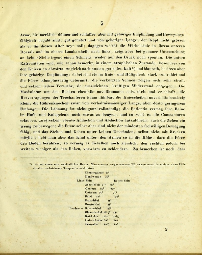 Arme, die merklich dünner und schlaffer, aber mit gehöriger Empfindung und Bewegungs- fähigkeit begabt sind, gut genährt und von gehöriger I^änge; der Kopf nicht grösser als er für dieses Alter seyn soll; dagegen weicht die Wirbelsäule in ihrem unteren Dorsal- und im oberen Lumbartheile nach links, zeigt aber bei genauer Untersuchung an keiner Stelle irgend einen Schmerz, weder auf den Druck noch spontan. Die untern E^ctremitäten sind, wie schon tvcmerkt, in einem atrophischen Zustande, besonders von den Knieen an abwärts; zugleich nach aussen gerichtet, kalt*) undblauroth, besitzen aber ihre gehörige Empfindung; dabei sind sie im Knie- und Hüftgelenk stark contrahirt und die Füsse klumpfussartig deformirt; die verkürzten Sehnen zeigen sich sehr straff, und setzen jedem Versuche, sie auszudehnen, kräftigen Widerstand entgegen. Die Muskulatur um das Becken ebenfalls unvollkommen entwickelt und erschlafft, die Hervorragungen der Trochanteren kaum fühlbar, die Kniescheiben unverhältnissmässig klein; die Röhrenknochen zwar von verhältnissmässiger Länge, aber desto geringerem Umfange. Die Lähmung ist nicht ganz vollständig; die Patientin vermag ihre Beine im Hüft- und Kniegelenk noch etwas zu beugen, und so weit es die Contracturen erlauben, zu strecken, ebenso Adduction und Abduction auszuführen, auch die Zehen ein wenig zu bewegen; die Füsse selbst aber sind nicht der mindesten freiwilligen Bewegung fähig, und das Stehen und Gehen unter keinen Umständen, selbst nicht mit Krücken möglich; hebt man aber das Kind unter den Armen so in die Höhe, dass die Füsse den Boden berühren, so vermag es dieselben noch ziemlich, den rechten jedo'^h bei weitem weniger als den linken, vorwärts zu schleudern. Zu bemerken ist noch, dass *) Die mit einem sehr empfindlidien Rcaum. Thcimomelei voigenommenen Wäi nicmessiingen bei einigen dieser Fälle ergaben nachstehende Tempcraturverliältnisse: Zimnierwärnie 15 Mundwärme 29» Linke Seite Reclite Seite Achselhöhle 27» 27» Oberarm 25 25» Unterarm 24» 24» Hand 22« 22» Halswirbel 28» Brustwirbel 28» Lenden- u. Kreuzwirbel 26» Oberschenkel 24y2» 24o Kniekehle 24« 22V2 Unterschenkel 20» 20° Fusssohle 19V2 19» 2