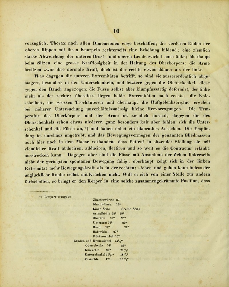 vorzüglich; Thorax nach allen Dimensionen enge beschaffen; die vorderen Enden der oberen Rippen mit ihren Knorpeln rechterseits eine Erhöhung bildend ; eine ziemlich starke Abweichung der unteren Brust - und oberen Lendenwirbel nach links; überhaupt beim Sitzen eine grosse Kraftlosigkeit in der Haltung des Oberkörpers: die Arme besitzen zwar ihre normale Kraft, doch ist der rechte etAvas dünner als der linke. Was dagegen die unteren Extremitäten betrifft, so sind sie ausserordentlich abge- magert, besonders in den Unterschenkeln, und letztere gegen die Oberschenkel, diese gegen den Bauch angezogen; die Füsse selbst aber klumpfussartig dcformirt, der linke mehr als der rechte: überdiess liegen beide Extremitäten nach rechts; die Knie- scheiben , die grossen Trochanteren und überhaupt die Hüftgelenksorgane ergeben bei näherer Untersuchung unverhältnissmässig kleine Hervorragungen. Die Tem- peratur des Oberkörpers und der Arme ist ziemlich normal, dagegen die des Oberschenkels schon etwas niederer, ganz besonders kalt aber fühlen sich die Unter- schenkel und die Füsse an, *) und haben dabei ein blaurothes Aussehen. Die Empfin- dung ist durchaus ungetrübt, und das Bewegungsvermögen der genannten Gliedmassen auch hier noch in dem Maase vorhanden, dass Patient in sitzender Stellung sie mit ziemlicher Kraft abduciren, adduciren, flectiren und so weit es die Contractur erlaubt, ausstrecken kann. Dagegen aber sind die Füsse mit Ausnahme der Zehen linkerseits nicht der geringsten spontanen Bewegung fähig; überhaupt zeigt sich in der linken Extremität mehr Bewegungskraft als in der rechten; stehen und gehen kann indess der unglückliche Knabe selbst mit Krücken nicht. Will er sich von einer Stelle zur andern fortschaffen, so bringt er den Körper' in eine solche zusammengekrümmte Position, dass *) Temperaluraagabc: Zinimerwänne 15° Mundwärrae 29» Linke Seite Rechte Seite Achselhöhle 28» 280 Oberarm 25«» 250 Unterarm 240 23o Hand Sl» 21» Halswirbel 27° Rückenwirbel 26» Lenden-und Kreuzwirbel 24y2» Oberschenkel '24» 24» Kniekehle 23» 21%» Unterschenkel 197jO IS'/»» Fusssohle 17» 16'/»»
