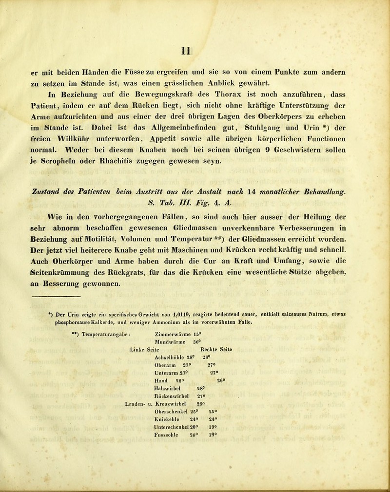 er mit beiden Händen die Füsse zu ergreifen und sie so von einem Punkte zum andern zu setzen im Stande ist, was einen grässlichen Anblick gewährt. In Beziehung auf die Bewegungskraft des Thorax ist noch anzuführen, dass Patient, indem er auf dem Rücken liegt, sich nicht ohne kräftige Unterstützung der Arme aufzurichten und aus einer der drei übrigen Lagen des Oberkörpers zu erheben im Stande ist. Dabei ist das Allgemeinbefinden gut, Stuhlgang und Urin *) der fi'eien Willkühr unterworfen, Appetit sowie alle übrigen körperlichen Functionen normal. Weder bei diesem Knaben noch bei seinen übrigen 9 Geschwistern sollen je Scropheln oder Rhachitis zugegen gewesen seyn. Zustand des Patienten beim Austritt aus der Anstalt nach 14 monatlicher Behandlung. Ä. Tab. III. Fig. 4. A. Wie in den vorhergegangenen Fällen, so sind auch hier ausser der Heilung der sehr abnorm beschaffen gewesenen Gliedmassen unverkennbare Verbesserungen in Beziehung auf Motilität, Volumen und Temperatur **) der Gliedmassen erreicht worden. Der jetzt viel heiterere Knabe geht mit Maschinen und Krücken recht kräftig und schnell. Auch Oberkörper und Arme haben durch die Cur an Kraft und Umfang, sowie die Seitenkrümmung des Rückgrats, für das die Krücken eine wesentliche Stütze abgeben; an Besserung gewonnen. *) Der üriu zeigte ein specifisches Gewicht von 1,0119, reagirte bedeutend sauer, enthielt salzsaures Natrura, etwas phospborsaureKalkerde, und weniger Ammonium als im vorerwähnten Falle. **) Temperaturangabe: Zimmerwärme 15 Mundwärme 30» Linke Seite Rechte Seite Achselhöhle 28» 28» Oberarm S? 27» Unterarm 27» 27» Hand 26 260 Halswirbel 28» Rückenwirbel 27» Lenden- u. Kreuzwirbel 26 Oberschenkel 25» 25» Kniekehle 24» 24 Unterschenkel 20» 19»