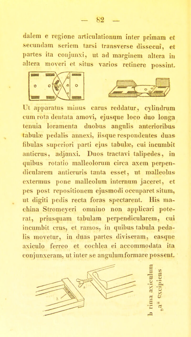 dalem e regione artieulationum inter primam et secundam seriem tarsi tr.insverse dissecai, et partes ita conjunxi, ut ad marginem altera in altera moveri et situs varios retinere possint. Ul apparatus minus carus reddatur, cylindrum cum rota dentata amovi, ejusque loco duo longa tcnuia loramenta duobus angnlis anterioribus tabulse pedalis annexi, iisquc rcspondentes duas fibulas superrori parti e)us tabuloe, cui incumbit anticrus, adjnnxi. Duos tractavi talipedes, in quibus rotatio malleolorum circa axem perpen- dicularem anticruris tanta esset, ut malleolus extermus pone malleolum internum jaceret, et pes post repositionem ejusmodi oceuparet situm, ut digiti pedis recta foras spectarent. His ma- cbina Stromeyeri omnino non applicari pote- rat, priusquam tabulam perpendicularem, cui incumbit crus, et ramos, in quibus tabula peda- lis movetnr, in dUas partes diviseram, easque axiculo ferreo et cochlea ci accommodata ita conjunxeram, ut inter se angulumformare possent.