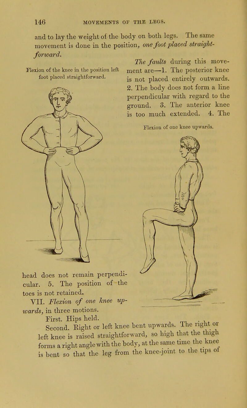 and to lay the weight of the body on both legs. The same movement is done in the position, one foot placed straight- forward. Flexion of tlie knee in the position left foot placed straightforward. Tlie faults during this move- ment are—1. The posterior knee is not placed entirely outwards. 2. The body does not form a line perpendicular with regard to the ground. 3. The anterior knee is too much extended. 4. The Flexion of one knee upwards. head does not remain perpendi- cular. 5. The position of the toes is not retained. VII. Flexion of one hnee up- wards, in three motions. First. Hips held. . Second. Right or left knee bent upwards. The right or left knee is raised straightforward, so high that the thigh forms a right anglewiththe body, at the same time the knee is bent so that the leg from the knee-joint to the tips oi