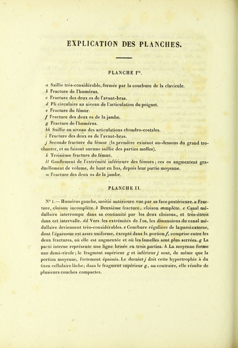 EXPLICATION DES PLANCHES. PLANCHE r«. a Saillie très-considérable, formée par la courbure de la clavicule. b Fracture de l'humérus. c Fracture des deux os de l'avant-bras. d Pli circulaire au niveau de l'articulation du poignet. e Fracture du fémur. / Fracture des deux os de la jambe. g Fracture de l'humérus. hh Saillie au niveau des articulations chondro-costales. i Fracture des deux os de l'avant-bras. j Seconde fracture du fémur (la première existant au-dessous du grand tro- chanter, et ne faisant aucune saillie des parties molles). k Troisième fracture du fémur. Gonflement de l'extrémité inférieure des fémurs; ces os augmentent gra- duellement de volume, de haut en bas, depuis leur partie moyenne. m Fracture des deux os de la jambe. PLANCHE IL N° I.— Humérus gauche, moitié antérieure vue par sa face postérieure, a Frac- ture, cloison incomplète, b Deuxième fracture, cloison ooraplète. c Canal mé- dullaire interrompu dans sa continuité par les deux cloisons, et très-étroit dans cet intervalle, dd Vers les extrémités de l'os, les dimensions du canal mé- dullaire deviennent très-considérables, e Courbure régulière de la paroi externe, dont l'épaisseur est assez uniforme, excepté dans la portion f, comprise entre les deux fractures, où elle est augmentée et où les lamelles sont plus serrées, g La paroi interne représente une ligne brisée en trois parties, h La moyenne forme une demi-virole ; le fragment supérieur g et inférieur j sont, de même que la portion moyenne, fortement épaissis. Le derniery doit cette hypertrophie à du tissu cellulaire lâche; dans le fragment supérieur g, au contraire, elle résulte de plusieurs couches compactes.