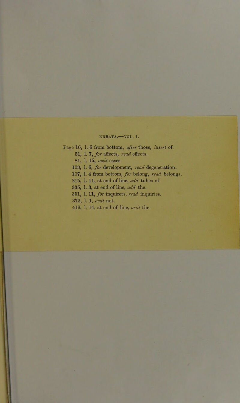 ERKATA. VOL. I. Page 16, 1. 6 from bottom, after those, insert of. 51, 1. 7, for affects, read effects. 81, 1. 15, omit cases. 103, 1. 6, for development, read degeaeration. 107, 1. 4 from bottom, for belong, read belongs. 215, 1.11, at end of line, add tubes of. 335, 1. 3, at end of line, add the. 351, 1. 11, for inquirers, read inquiries. 372, 1. 1, omit not. 419, 1. 14, at end of line, orait the.