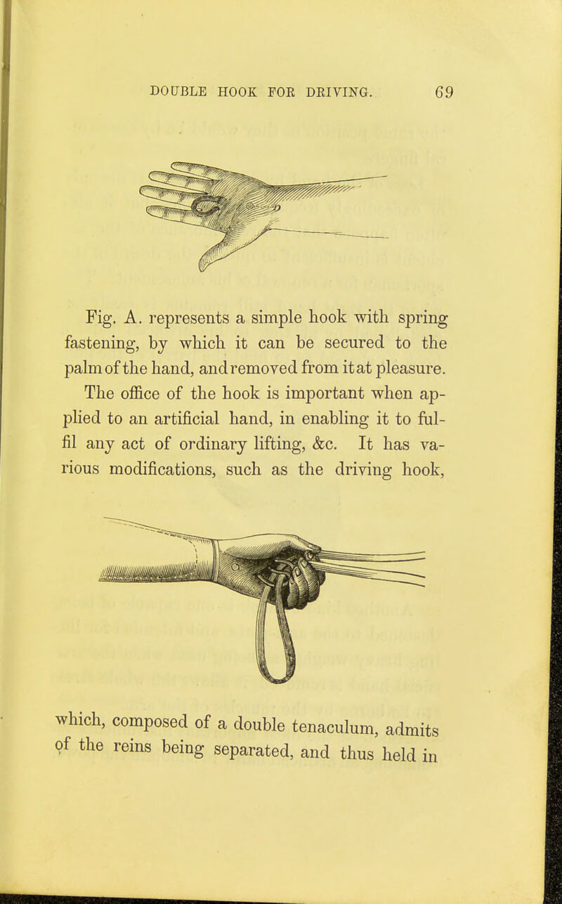 Fig. A. represents a simple hook with spring fastening, by which it can be secured to the palm of the hand, and removed from it at pleasure. The office of the hook is important when ap- plied to an artificial hand, in enabling it to ful- fil any act of ordinary lifting, &c. It has va- rious modifications, such as the driving hook, which, composed of a double tenaculum, admits of the reins being separated, and thus held in