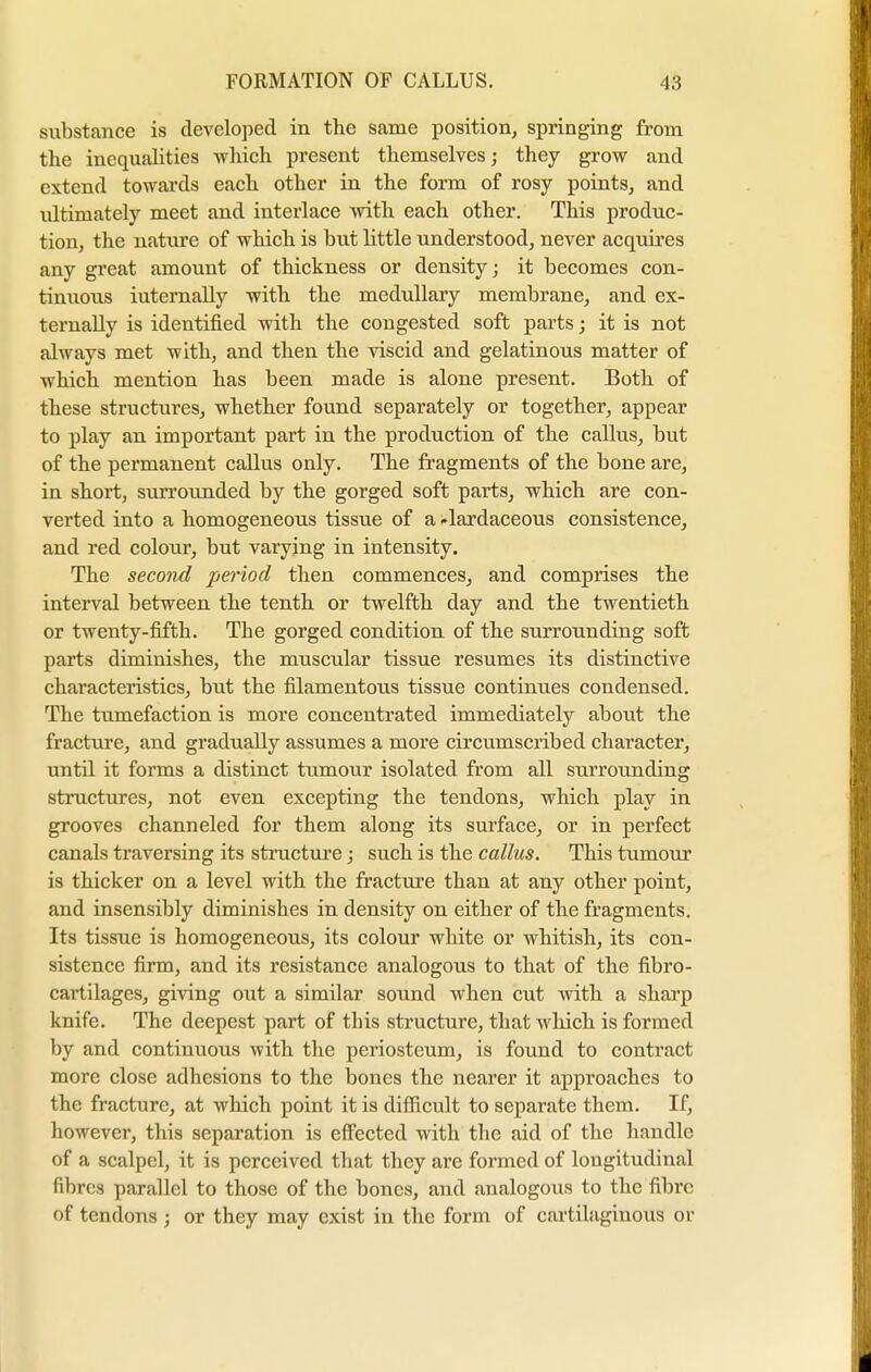 substance is developed in the same position springing from the inequalities which present themselves; they grow and extend towards each other in the form of rosy points, and ultimately meet and interlace •with each other. This produc- tion, the nature of which is but little understood, never acquires any great amount of thickness or density; it becomes con- tinuous iuternally with the medullary membrane, and ex- ternally is identified with the congested soft parts • it is not always met with, and then the viscid and gelatinous matter of which mention has been made is alone present. Both of these structures, whether found separately or together, appear to play an important part in the production of the callus, but of the permanent callus only. The fragments of the bone are, in short, surrounded by the gorged soft parts, which are con- verted into a homogeneous tissue of a i-lardaceous consistence, and red colour, but varying in intensity. The second period then commences, and comprises the interval between the tenth or twelfth day and the twentieth or twenty-fifth. The gorged condition of the surrounding soft parts diminishes, the muscular tissue resumes its distinctive characteristics, but the filamentous tissue continues condensed. The tumefaction is more concentrated immediately about the fracture, and gradually assumes a more circumscribed character, until it forms a distinct tumour isolated from all surrounding structures, not even excepting the tendons, which play in grooves channeled for them along its surface, or in perfect canals traversing its structure; such is the callus. This tumour is thicker on a level with the fracture than at any other point, and insensibly diminishes in density on either of the fragments. Its tissue is homogeneous, its colour white or whitish, its con- sistence firm, and its resistance analogous to that of the fibro- cartilages, giving out a similar sound when cut with a sharp knife. The deepest part of this structure, that Avhich is formed by and continuous with the periosteum, is found to contract more close adhesions to the bones the nearer it approaches to the fracture, at which point it is difficult to separate them. If, however, this separation is effected with the aid of the handle of a scalpel, it is perceived that they are formed of longitudinal fibres parallel to those of the bones, and analogous to the fibre of tendons j or they may exist in the form of cartilaginous or