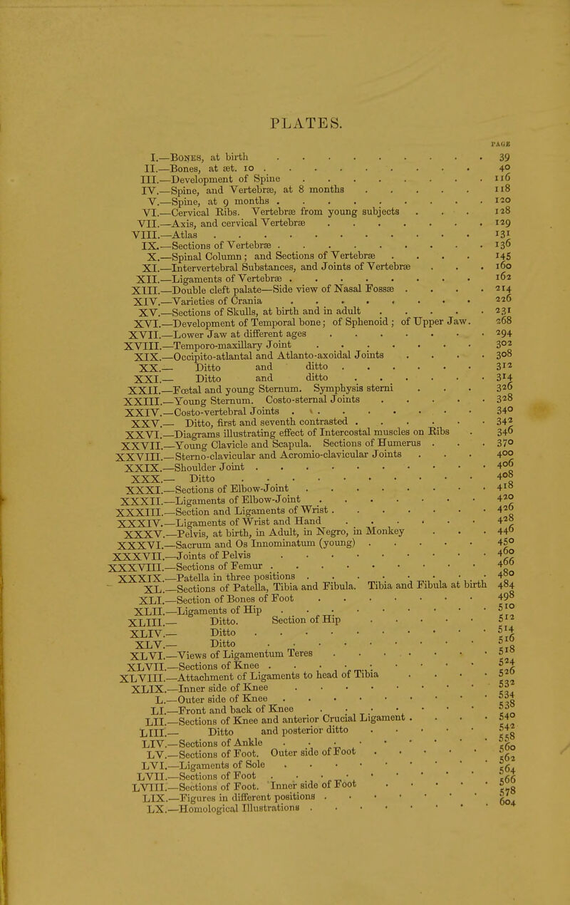 I,—Bones, at bii-th 39 II.—Bones, at set. ro 40 III. —Development of Spine 116 IV. —Spine, and Vertebras, at 8 months 118 V.—Spine, at 9 months 120 VI.—Cervical Eibs. Vertebrae from young subjects . . . 128 VII.—Axis, and cervical Vertebrae 129 VIII.—Atlas 131 IX.—Sections of Vertebrae 130 X.—Spinal Column; and Sections of Vertebrae .... 14S XI.—Intervertebral Substances, and Joints of Vertebrae . . . 160 XII.—Ligaments of Vertebrae 162 XIII. —Double cleft palate—Side view of Nasal Fossae . . . .214 XIV. —Varieties of Crania 226 XV.—Sections of Skulls, at birth and in adult 231 XVI.—Development of Temporal bone; of Sphenoid; of Upper J aw. 268 XVII.—Lower Jaw at different ages 294 XVIII.—Temporo-maxillary Joint 302 XIX.—Occipito-atlantal and Atlanto-axoidal Joints . . . .308 XX.— Ditto and ditto 312 XXI.— Ditto and ditto . . . . . ' ^^i XXII.—Foetal and young Sternum. Symphysis stemi ... 320 XXIII. —Young Sternum. Costo-sternal Joints 328 XXIV. —Costo-vertebral Joints . > 340 XXV.— Ditto, first and seventh contrasted . . . . _ . • 342 XXVI. Diagrams illustrating effect of Intercostal muscles on Kibs . 340 XXVII. ^Young Clavicle and Scapula. Sections of Humerus . . .37° XXVIII.—Sterno-clavicular and Acromio-clavicular Joints . . . 4°° XXIX.—Shoulder Joint 4o6 XXX.— Ditto 40b XXXI.—Sections of Elbow-Joint 41° XXXIL—Ligaments of Elbow-Joint 420 XXXIII. —Section and Ligaments of Wrist 420 XXXIV. —Ligaments of Wrist and Hand 420 XXXV.—Pelvis, at birth, in Adult, in Negro, in Monkey . . .440 XXXVI.—Sacrum and Os Innominatum (young) 45° XXXVII.—Joints of Pelvis 40° XXXVIII.—Sections of Femur 40o XXXIX.—Patella in three positions . . • • \,  . ' '^l XL.—Sections of Patella, Tibia and Fibula. Tibia and Fibula at buth 4»4 XLl!—Section of Bones of Foot 498 XLIL—Ligaments of Hip ^- . ■ •11° XLIII Ditto. Section of Hip XLIV.- Ditto 514 XLV.— Ditto . XLVI.—Views of Ligamentum Teres 6'° XLVIL—Sections of Knee . ' ■ , \rr-^'- ' ' ' ' I26 XLVIIL—Attachment of Ligaments to head of Tibia . . • • 5^ XLIX.—Inner side of Knee 53 L.—Outer side of Knee LL—Front and back of Knee ■ • ^.' \ '   . .n LIL—Sections of Knee and anterior Crucial Ligament . . . .54° LIII.— Ditto and posterior ditto 54 LIV.-Sections of Ankle . • • ,\co LV.—Sections of Foot. Outer side of Foot ^ LVI.—Ligaments of Sole LVII.—Sections of Foot . • • ^ •c66 LVIIL-Sections of Foot. Inner side of Foot s LIX.—Figures in different positions ^' LX.—Homological Illustrations