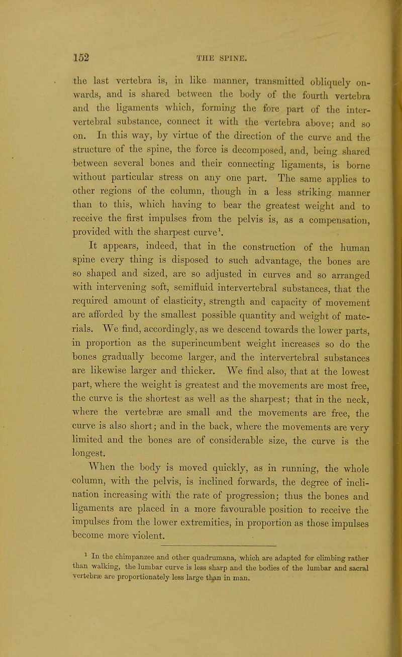 the last vertebra is, in like manner, transmitted obliquely on- Avards, and is shared between the body of the fourth vertebra and the ligaments which, forming the fore part of the inter- vertebral substance, connect it with the vertebra above; and so on. In this way, by virtue of the direction of the curve and the structui-e of the spine, the force is decomposed, and, being shared between several bones and their connecting ligaments, is borne without particular stress on any one part. The same applies to other regions of the column, though in a less striking, manner than to this, which having to bear the greatest weight and to receive the first impulses from the pelvis is, as a compensation, provided with the sharpest curve \ It appears, indeed, that in the construction of the himian spine every thing is disposed to such advantage, the bones are so shaped and sized, are so adjusted in curves and so arranged with intervening soft, semifluid intervertebral substances, that the required amount of elasticity, strength and capacity of movement are afforded by the smallest possible quantity and weight of mate- rials. We find, accordingly, as we descend towards the lower parts, in proportion as the superincumbent weight increases so do the bones gradually become larger, and the intervertebral substances are likewise larger and thicker. We find also, that at the lowest part, where the weight is greatest and the movements are most free, the curve is the shortest as well as the sharpest; that in the neck, where the vertebrse are small and the movements are free, the curve is also short; and in the back, where the movements are very limited and the bones are of considerable size, the curve is the longest. When the body is moved quickly, as in running, the whole column, with the pelvis, is inclined forwards, the degree of incli- nation increasing with the rate of progression; thus the bones and ligaments are placed in a more favourable position to receive the impulses from the lower extremities, in proportion as those impulses become more violent. ^ In the chimpanzee and other quadrumana, which are adapted for climbing rather than -walking, the lumbar curve is less sharp and the bodies of the lumbar and sacral vertebrae are proportionately less large th^n in man.