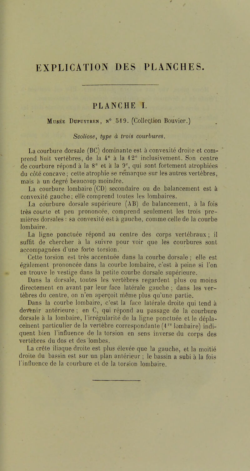 EXPLICATION DES PLANCHES. PLANCHE I. Musée Dcpuytren, n° 519. (Colleçlion Bouvier.) Scoliose, type à trois courbures. La courbure dorsale (BC) dominante est à convexité droite et com- prend huit vertèbres, de la 4e à la 12e inclusivement. Son centre de courbure répond à la 8e et à la 9e, qui sont fortement atrophiées du côté concave; cette atrophie se rémarque sur les autres vertèbres, mais à un degré beaucoup moindre. La courbure lombaire (CD) secondaire ou de balancement est à convexité gauche; ellé comprend toutes les lombaires. La courbure dorsale supérieure (AB) de balancement, a la fois très courte et peu prononcée, comprend seulement les trois pre- mières dorsales : sa convexité est à gauche, comme celle de la courbe lombaire. La ligne ponctuée répond au centre des corps vertébraux ; il suffit de chercher à la suivre pour voir que les courbures sont accompagnées d'une forte torsion. Cette torsion est très accentuée dans la courbe dorsale ; elle est également prononcée dans la courbe lombaire, c'est à peine si l'on en trouve le vestige dans la petite courbe dorsale supérieure. Dans la dorsale, toutes les vertèbres regardent plus ou moins directement en avant par leur face latérale gauche ; dans les ver- tèbres du centre, on n'en aperçoit même plus qu'une partie. Dans la courbe lombaire, c'est la face latérale droite qui tend à devenir antérieure ; en C, qui répond au passage de la courbure dorsale à la lombaire, l'irrégularité de la ligne ponctuée et le dépla- cement particulier de la vertèbre correspondante (1re lombaire) indi- quent bien l'influence de la torsion en sens inverse du corps des vertèbres du dos et des lombes. La crôte iliaque droite est plus élevée que la gauche, et la moitié droite du bassin est sur un plan antérieur ; le bassin a subi à la fois l'influence de la courbure et de la torsion lombaire.