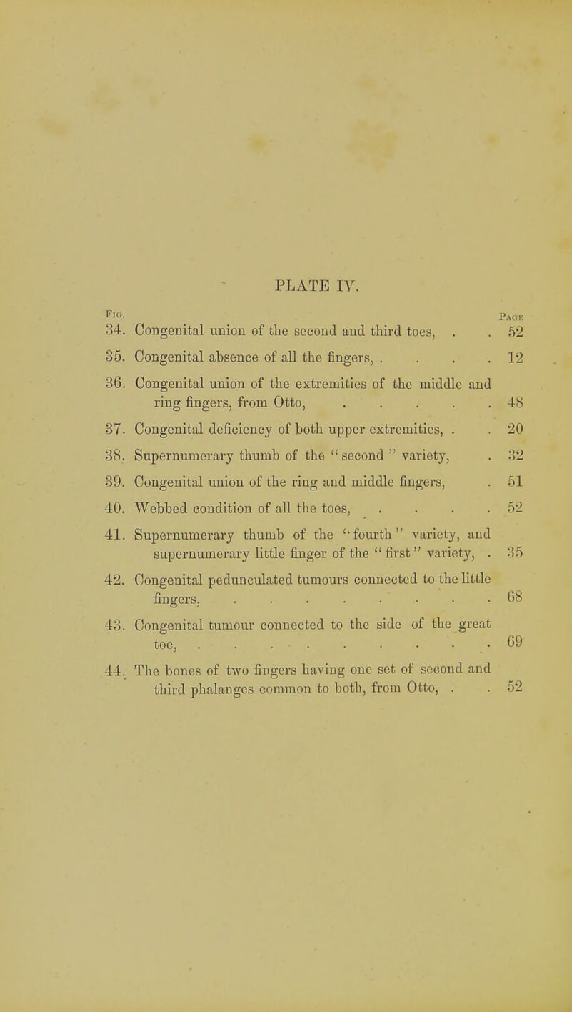 Fig. pA0B 34. Congenital union of the second and third toes, . . 52 35. Congenital absence of all the fingers, . . . .12 36. Congenital union of the extremities of the middle and ring fingers, from Otto, . . . .48 37. Congenital deficiency of both upper extremities, . . 20 38. Supernumerary thumb of the second  variety, . 32 39. Congenital union of the ring and middle fingers, . 51 40. Webbed condition of all the toes, . . . .52 41. Supernumerary thumb of the fourth variety, and supernumerary little finger of the first variety, . 35 42. Congenital pedunculated tumours connected to the little fingers, ........ 68 43. Congenital tumour connected to the side of the great toe, .69 44. The bones of two fingers having one set of second and third phalanges common to both, from Otto, . . 52