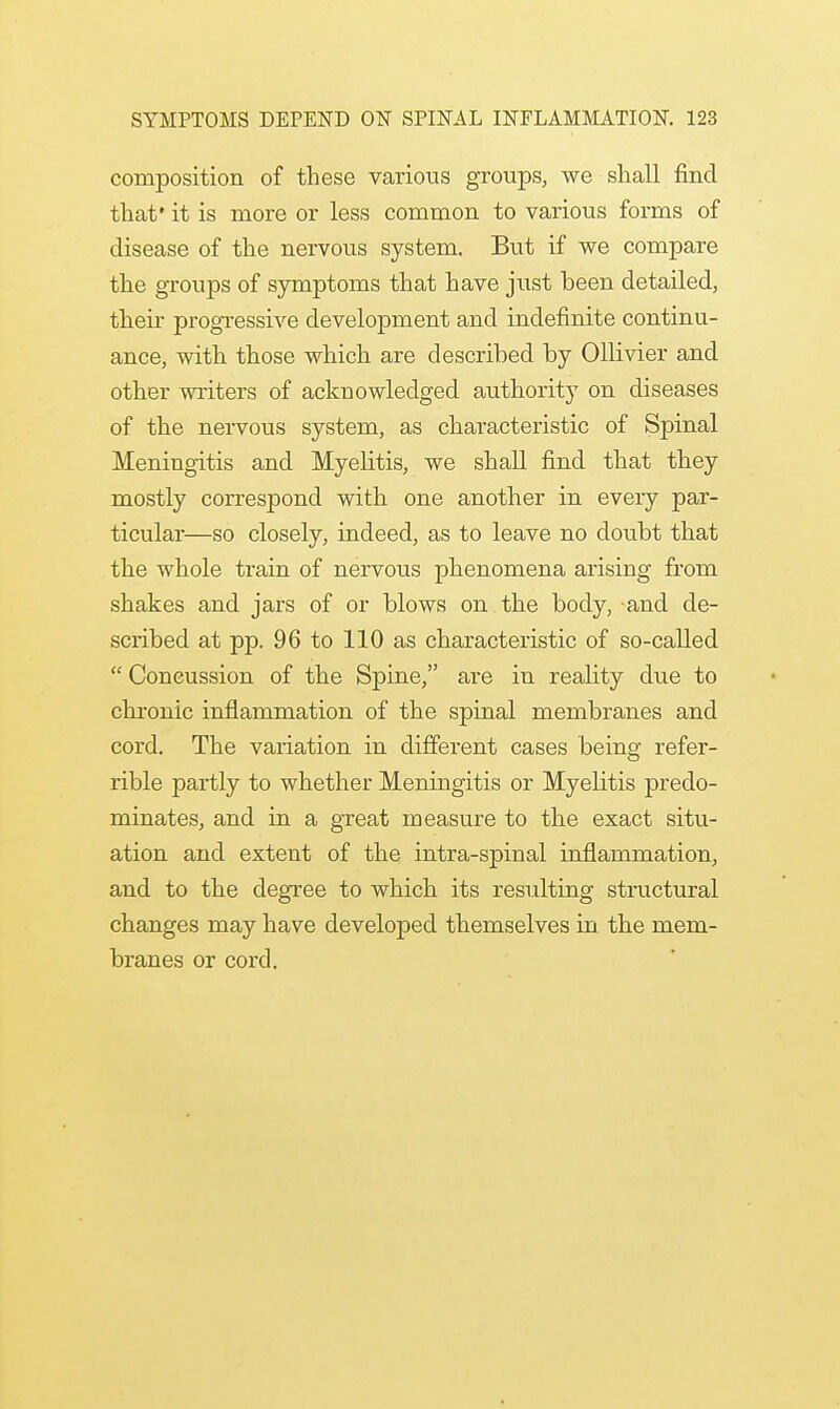 composition of these various groups, we shall find that' it is more or less common to various forms of disease of the nervous system. But if we compare the groups of symptoms that have just been detailed, their progressive development and indefinite continu- ance, with those which are described by Ollivier and other writers of acknowledged authority on diseases of the nervous system, as characteristic of Spinal Meningitis and Myelitis, we shall find that they mostly correspond with one another in every par- ticular—so closely, indeed, as to leave no doubt that the whole train of nervous phenomena arising from shakes and jars of or blows on the body, -and de- scribed at pp. 96 to 110 as characteristic of so-called  Concussion of the Spine, are in reality due to chronic inflammation of the spinal membranes and cord. The variation in different cases being refer- rible partly to whether Meningitis or Myelitis predo- minates, and in a great measure to the exact situ- ation and extent of the intra-spinal inflammation, and to the degree to which its resulting structural changes may have developed themselves in the mem- branes or cord.