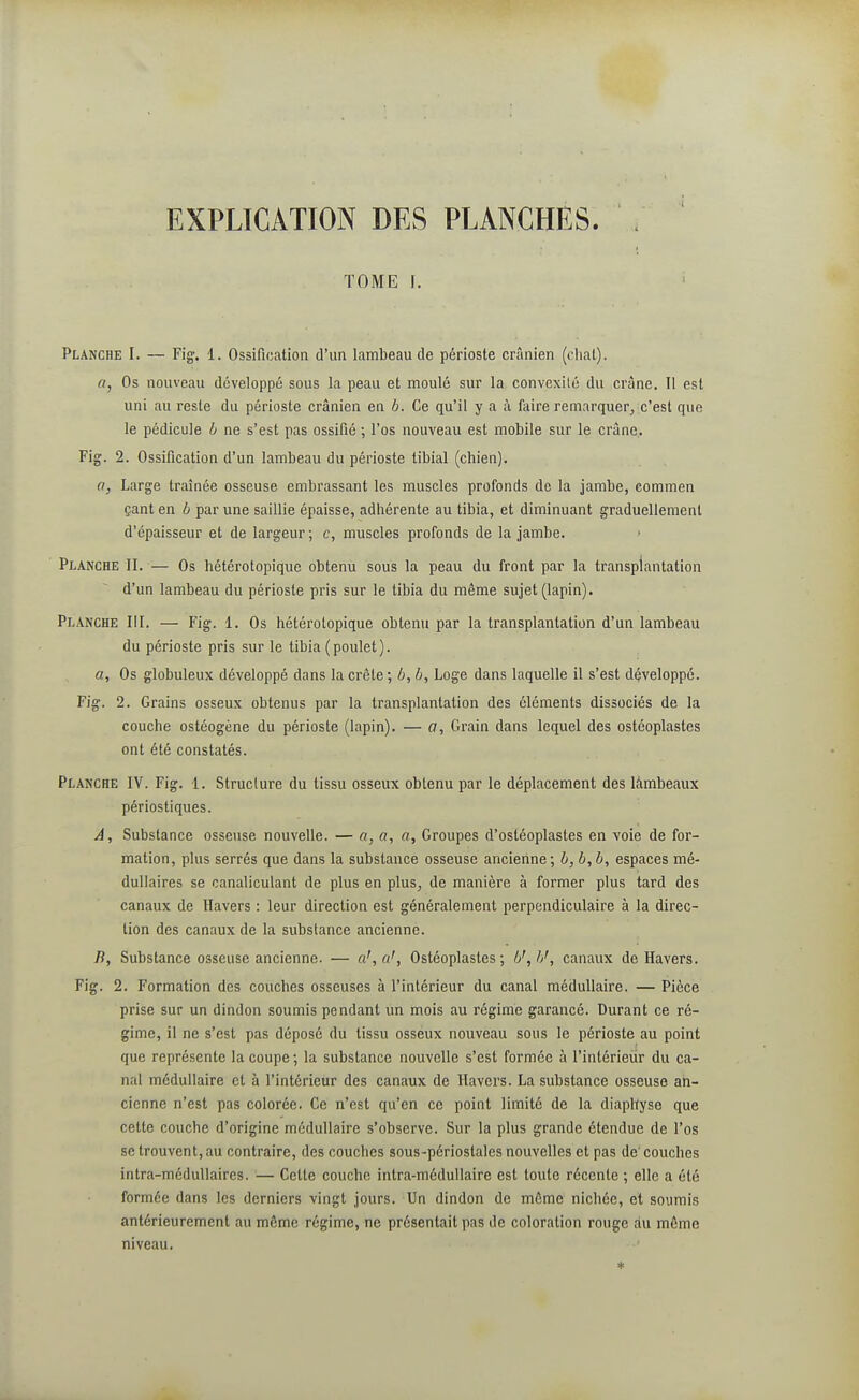 TOME I. Planche I. — Fig, 1. Ossification d'un lambeau de périoste crânien (clial). a, Os nouveau développé sous la peau et moulé sur la convexité du crâne. Il est uni au reste du périoste crânien en b. Ce qu'il y a à faire remarquer^ c'est que le pédicule b ne s'est pas ossifié ; l'os nouveau est mobile sur le crâne. Fig. 2. Ossification d'un lambeau du périoste tibial (chien). a, Large traînée osseuse embrassant les muscles profonds de la jambe, commen çant en b par une saillie épaisse, adhérente au tibia, et diminuant graduellement d'épaisseur et de largeur ; c, muscles profonds de la jambe. Planche II. — Os hétérotopique obtenu sous la peau du front par la transplantation d'un lambeau du périoste pris sur le tibia du même sujet (lapin). Planche III. — Fig. 1. Os hétérotopique obtenu par la transplantation d'un lambeau du périoste pris sur le tibia (poulet). a. Os globuleux développé dans la crête; b, b, Loge dans laquelle il s'est développé. Fig. 2. Grains osseux obtenus par la transplantation des éléments dissociés de la couche ostéogéne du périoste (lapin). — a, Grain dans lequel des ostéoplastes ont été constatés. Planche IV. Fig. 1. Structure du tissu osseux obtenu par le déplacement des lâmbeaux périostiques. A, Substance osseuse nouvelle. — a, a, a. Groupes d'ostéoplastes en voie de for- mation, plus serrés que dans la substance osseuse ancienne ; b, b, b, espaces mé- dullaires se canaliculant de plus en plus^ de manière à former plus tard des canaux de Havers : leur direction est généralement perpendiculaire à la direc- tion des canaux de la substance ancienne. B, Substance osseuse ancienne. — a', a', Ostéoplastes; b',b', canaux de Havers. Fig. 2. Formation des couches osseuses à l'intérieur du canal médullaire. — Pièce prise sur un dindon soumis pendant un mois au régime garancé. Durant ce ré- gime, il ne s'est pas déposé du tissu osseux nouveau sous le périoste au point que représente la coupe ; la substance nouvelle s'est formée à l'intérieur du ca- nal médullaire et à l'intérieur des canaux de Havers. La substance osseuse an- cienne n'est pas colorée. Ce n'est qu'en ce point limité de la diaphyse que cette couche d'origine médullaire s'observe. Sur la plus grande étendue de l'os se trouvent, au contraire, des couches sous-périoslalcs nouvelles et pas de'couches intra-méduUaires. — Cette couche intra-médullaire est toute récente ; elle a été formée dans les derniers vingt jours. Un dindon de même nichée, et soumis antérieurement au même régime, ne présentait pas de coloration rouge au même niveau. *