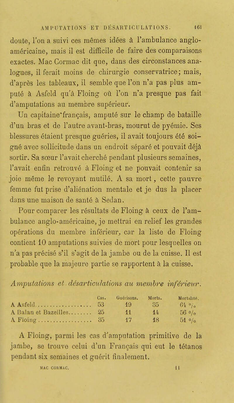 doute, l'on a suivi ces mêmes idées à l'ambulance anglo- américaine, mais il est difficile de faire des comparaisons exactes, Mac Cormac dit que, dans des circonstances ana- logues, il ferait moins de chirurgie conservatrice; mais, d'après les tableaux, il semble que l'on n'a pas plus am- puté à Asfeld qu'à Floing où l'on n'a presque pas fait d'amputations au membre supérieur. Un capitaine'français, amputé sur le champ de bataille d'un bras et de l'autre avant-bras, mourut de pyémie. Ses blessures étaient presque guéries, il avait toujours été soi- gné avec sollicitude dans un endroit séparé et pouvait déjà sortir. Sa sœur l'avait cherché pendant plusieurs semaines, l'avait enfin retrouvé à Floing et ne pouvait contenir sa joie même le revoyant mutilé. A sa mort, cette pauvre femme fut prise d'aliénation mentale et je dus la placer dans une maison de santé à Sedan. Pour comparer les résultats de Floing à ceux de l'am- bulance anglo-américaine, je mettrai en relief les grandes opérations du membre inférieur^ car la liste de Floing contient 10 amputations suivies de mort pour lesquelles on n'a pas précisé s'il s'agit de la jambe ou de la cuisse. Il est probable que la majeure partie se rapportent à la cuisse. Amputations et désarticulations au membre inférieur. Cas. Guôiisons. Morts. Uortalitii A Asfeld , 53 19 35 Cl. 0/0 , 25 11 14 56 o/o . 35 17 18 51 o/o A Floing, parmi les cas d'amputation primitive de la jambe, se trouve celui d'un Français qui eut le tétanos pendant six semaines et guérit finalement. MAC COnMAC. 1 i