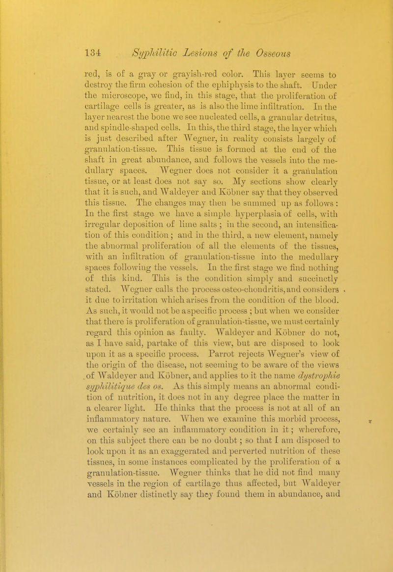 red, is of a gray or grayish-red color. This layer seems to destroy the firm cohesion of the ephiphysis to the shaft. Under the microscope, we find, in this stage, that the proliferation of cartilage cells is greater, as is also the lime infiltration. In the layer nearest the hone we see nucleated cells, a granular detritus, and spindle-shaped cells. In this, the third stage, the layer which is just described after Wegner, in reality consists largely of granulation-tissue. This tissue is formed at the end of the shaft in great abundance, and follows the vessels into the me- dullary spaces. Wegner does not consider it a granulation tissue, or at least does not say so. My sections show clearly that it is such, and Waldeyer and Kobner say that they observed this tissue. The changes may then be summed up as follows : In the first stage we have a simple hyperplasia of cells, with irregular deposition of lime salts ; in the second, an intensifica- tion of this condition; and in the third, a new element, namely the abnormal proliferation of all the elements of the tissues, with an infiltration of granulation-tissue into the medullary spaces following the vessels. In the first stage we find nothing of this kind. This is the condition simply and succinctly stated. Wegner calls the process osteo-chondritis, and considers it due to irritation which arises from the condition of the blood. As such, it would not be a specific process ; but when we consider that there is proliferation of granulation-tissue, we must certainly regard this opinion as faulty. AValdeyer and Kobner do not, as I have said, partake of this view, but are disposed to look upon it as a specific process. Parrot rejects Wegner's view of the origin of the disease, not seeming to be aware of the views of AValdeyer and Kobner, and applies to it the name dystrophic syj>hilit/que des os. As this simply means an abnormal condi- tion of nutrition, it does not in any degree place the matter in a clearer light. lie thinks that the process is not at all of an inflammatory nature. When we examine this morbid process, we certainly see an inflammatory condition in it; wherefore, on this subject there can be no doubt; so that I am disposed to look upon it as an exaggerated and perverted nutrition of these tissues, in some instances complicated by the proliferation of a granulation-tissue. Wegner thinks that he did not find many vessels in the region of cartilage thus affected, but AValdeyer and Kobner distinctly say they found them in abundance, and