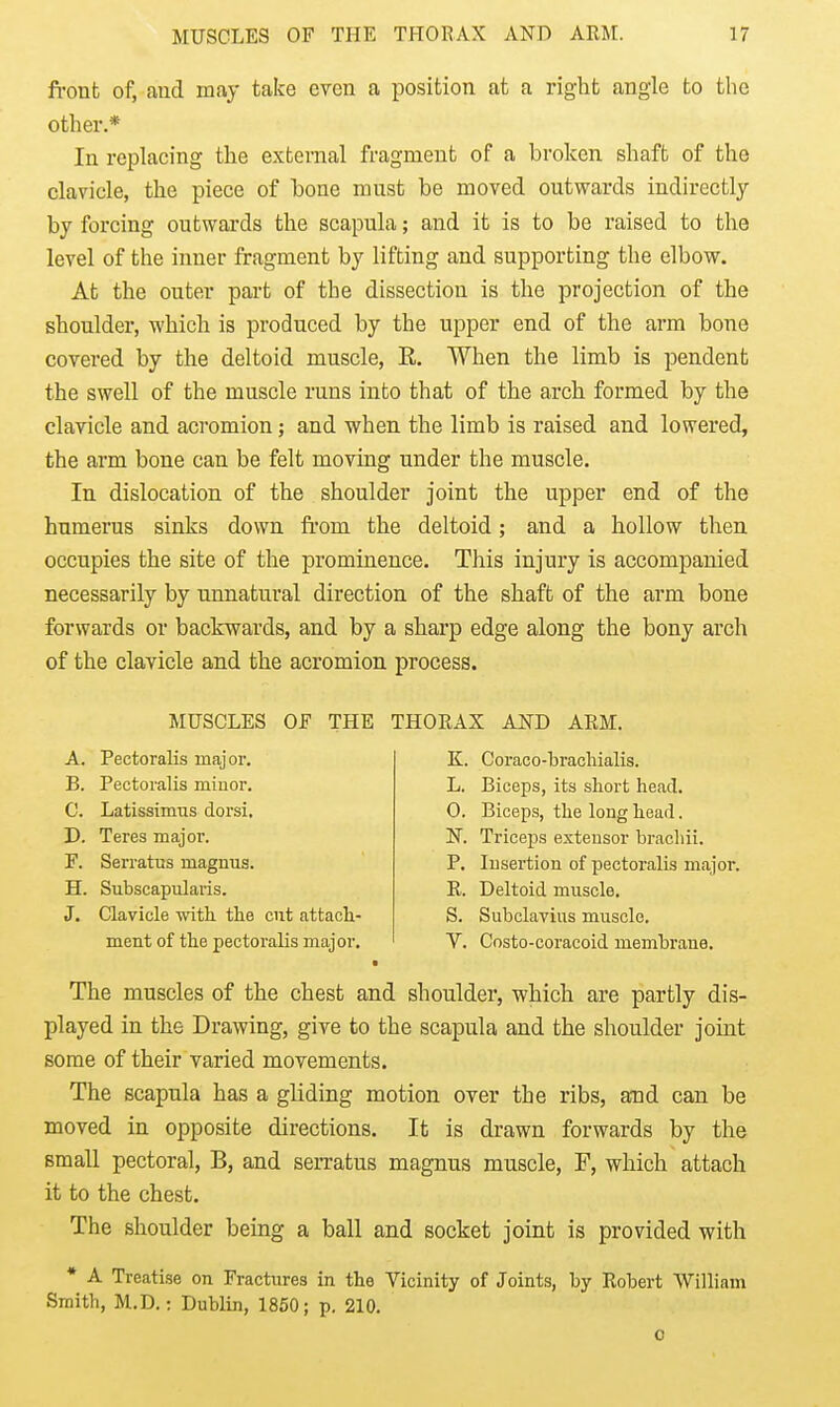 fronb of, and may take even a position at a right angle to the other.* In replacing the external fragment of a broken shaft of the clavicle, the piece of bone must be moved outwards indirectly by forcing outwards the scapula; and it is to be raised to the level of the inner fragment by lifting and supporting the elbow. At the outer part of the dissection is the projection of the shoulder, which is produced by the upper end of the arm bone covered by the deltoid muscle, E,. When the limb is pendent the swell of the muscle runs into that of the arch formed by the clavicle and acromion; and when the limb is raised and lowered, the arm bone can be felt moving under the muscle. In dislocation of the shoulder joint the upper end of the humerus sinks down fi'om the deltoid; and a hollow then occupies the site of the prominence. This injury is accompanied necessarily by unnatural direction of the shaft of the arm bone forwards or backwards, and by a sharp edge along the bony arch of the clavicle and the acromion process. MUSCLES OF THE THORAX AND ARM. K. Coraco-bracliialis. A. PectoraKs major. B. Pectovalis miuor. C. Latissimus dorsi, D. Teres major. F. Serratus magnus. H. Subscapularis. J. Clavicle with, the cut attach ment of the pectoralis major L. Biceps, its short head. 0. Biceps, the long head. N. Triceps extensor brachii. P. Lisertion of pectoralis major. R. Deltoid muscle. S. Subclavius muscle. V. Costo-coracoid membrane. The muscles of the chest and shoulder, which are partly dis- played in the Drawing, give to the scapula and the shoulder joint some of their varied movements. The scapula has a gliding motion over the ribs, and can be moved in opposite directions. It is drawn forwards by the small pectoral, B, and serratus magnus muscle, F, which attach it to the chest. The shoulder being a ball and socket joint is provided with • A Treatise on Fractures in the Vicinity of Joints, by Robert William Smith, M.D.: Dublin, 1860; p, 210. 0