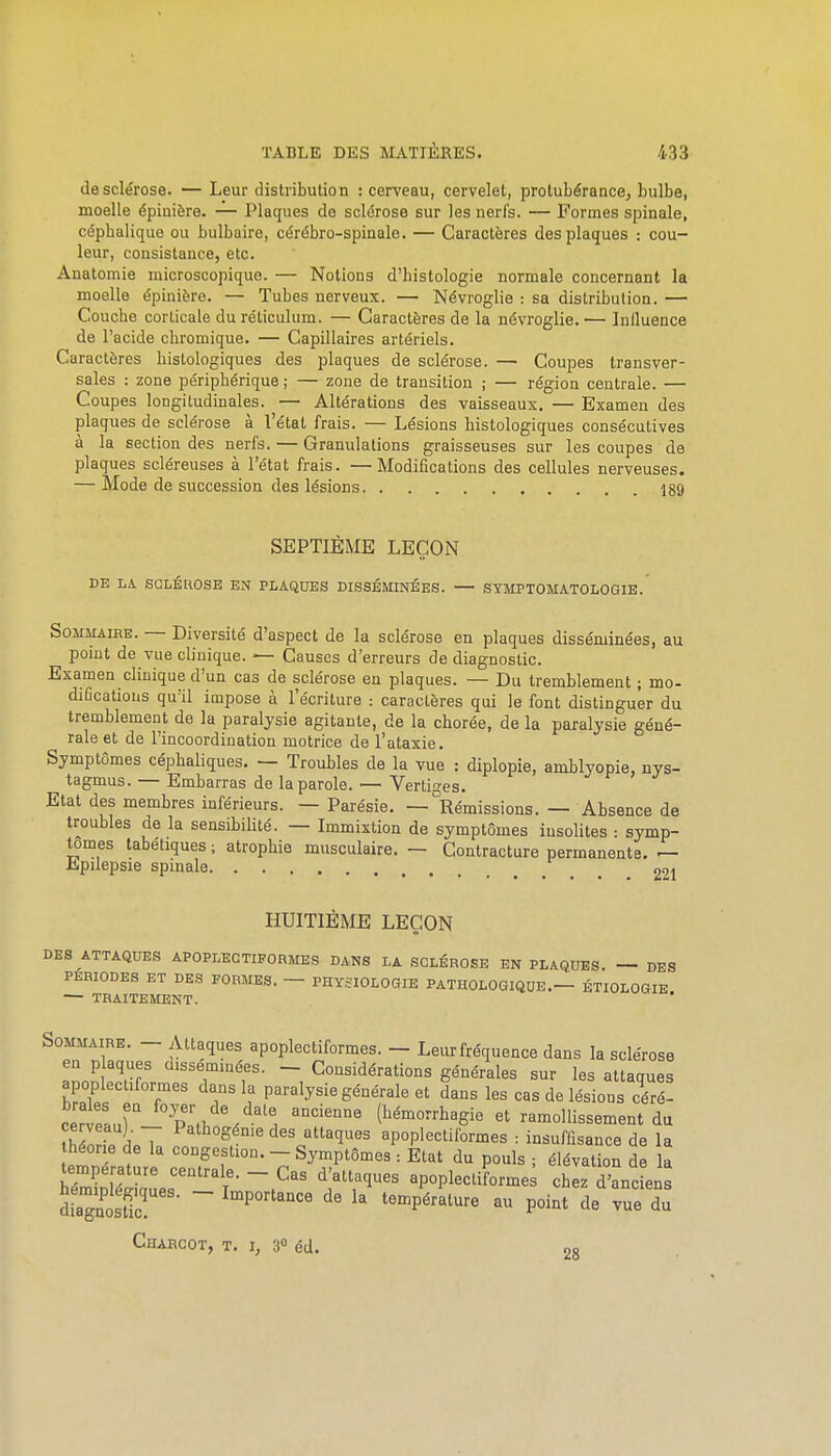 de sclérose. — Leur distribution : cerveau, cervelet, protubérance, bulbe, moelle épiuière. — Plaques de sclérose sur les uerl's. — Formes spinale, céphalique ou bulbaire, cérébro-spinale. — Caractères des plaques : cou- leur, consistance, etc. Anatomie microscopique. — Notions d'histologie normale concernant la moelle épinière. — Tubes nerveux. — Névroglie : sa distribution. — Couche corticale du réticulum. — Caractères de la névroglie. — Influence de l'acide chromique. — Capillaires artériels. Caractères histologiques des plaques de sclérose. — Coupes transver- sales : zone périphérique ; — zone de transition ; — région centrale. — Coupes longitudinales. — Altérations des vaisseaux. — Examen des plaques de sclérose à l'état frais. — Lésions histologiques consécutives à la section des nerfs. — Granulations graisseuses sur les coupes de plaques scléreuses à l'état frais. —Modifications des cellules nerveuses. — Mode de succession des lésions 189 SEPTIÈME LEÇON DE LA. SGLÉUOSE EN PLAQUES DISSÉMINÉES. SYMPTOMATOLOGIE.' SoHMAiBE. — Diversité d'aspect de la sclérose en plaques disséminées, au point de vue clinique. — Causes d'erreurs de diagnostic. Examen clinique d'un cas de sclérose en plaques. — Du tremblement ; mo- difications qu'il impose à l'écriture : caractères qui le font distinguer du tremblement de la paralysie agitante, de la chorée, de la paralysie géné- rale et de l'incoordination motrice de l'ataxie. Symptômes céphaliques. — Troubles de la vue : diplopie, amblyopie, nys- tagmus. — Embarras de la parole. — Vertiges. Etat des membres inférieurs. — Parésie. — Rémissions. — Absence de troubles de la sensihilité. — Immixtion de symptômes insolites : symp- tômes tabétiques ; atrophie musculaire. — Contracture permanente. — iipilepsie spinale 221 HUITIÈME LEÇON DES ATTAQUES APOPLECTIFORMES DANS LA SCLÉROSE EN PLAQUES. — DES PERIODES ET DES FORMES. — PHYSIOLOGIE PATHOLOGIQUE.— ÉTIOLOGIE — TRAITEMENT. Sommaire. - Attaques apoplectiformes. - Leurfréquence dans la sclérose en plaques dissemmées. - Considérations générales sur les attaques apoplectiformes dans la paralysie générale et dans les cas de lésions céré- ceî!eau) -° pl.h /'^'i (bémorrbagie et ramollissement du ZITL 1 des attaques apoplectiformes : insuffisance de la théorie de la congestion. - Symptômes : Etat du pouls • élévation de la S lSe:^l • Tr^' apoplectiLme; 'ctTJlns diagnostic ~ I'^P°^t«<=« de la température au point de vue du ClIARCOT, T. l, 3° éd. 28