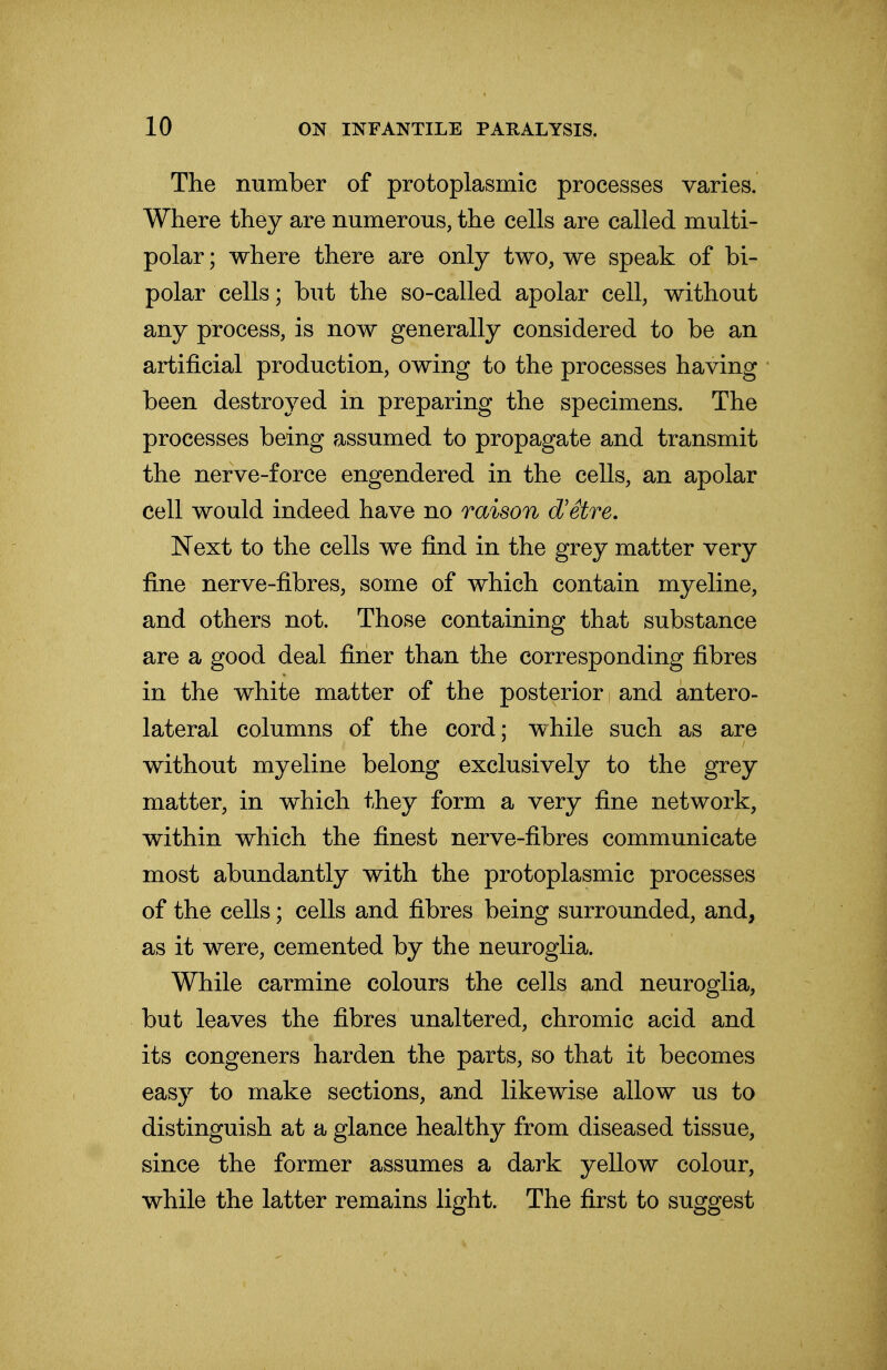 The number of protoplasmic processes varies. Where they are numerous, the cells are called multi- polar ; where there are only two, we speak of bi- polar cells; but the so-called apolar cell, without any process, is now generally considered to be an artificial production, owing to the processes having been destroyed in preparing the specimens. The processes being assumed to propagate and transmit the nerve-force engendered in the cells, an apolar dell would indeed have no raison d'etre. Next to the cells we find in the grey matter very fine nerve-fibres, some of which contain myeline, and others not. Those containing that substance are a good deal finer than the corresponding fibres in the white matter of the posterior and antero- lateral columns of the cord; while such as are without myeline belong exclusively to the grey matter, in which they form a very fine network, within which the finest nerve-fibres communicate most abundantly with the protoplasmic processes of the cells; cells and fibres being surrounded, and, as it were, cemented by the neuroglia. While carmine colours the cells and neuroglia, but leaves the fibres unaltered, chromic acid and its congeners harden the parts, so that it becomes easy to make sections, and likewise allow us to distinguish at a glance healthy from diseased tissue, since the former assumes a dark yellow colour, while the latter remains light. The first to suggest
