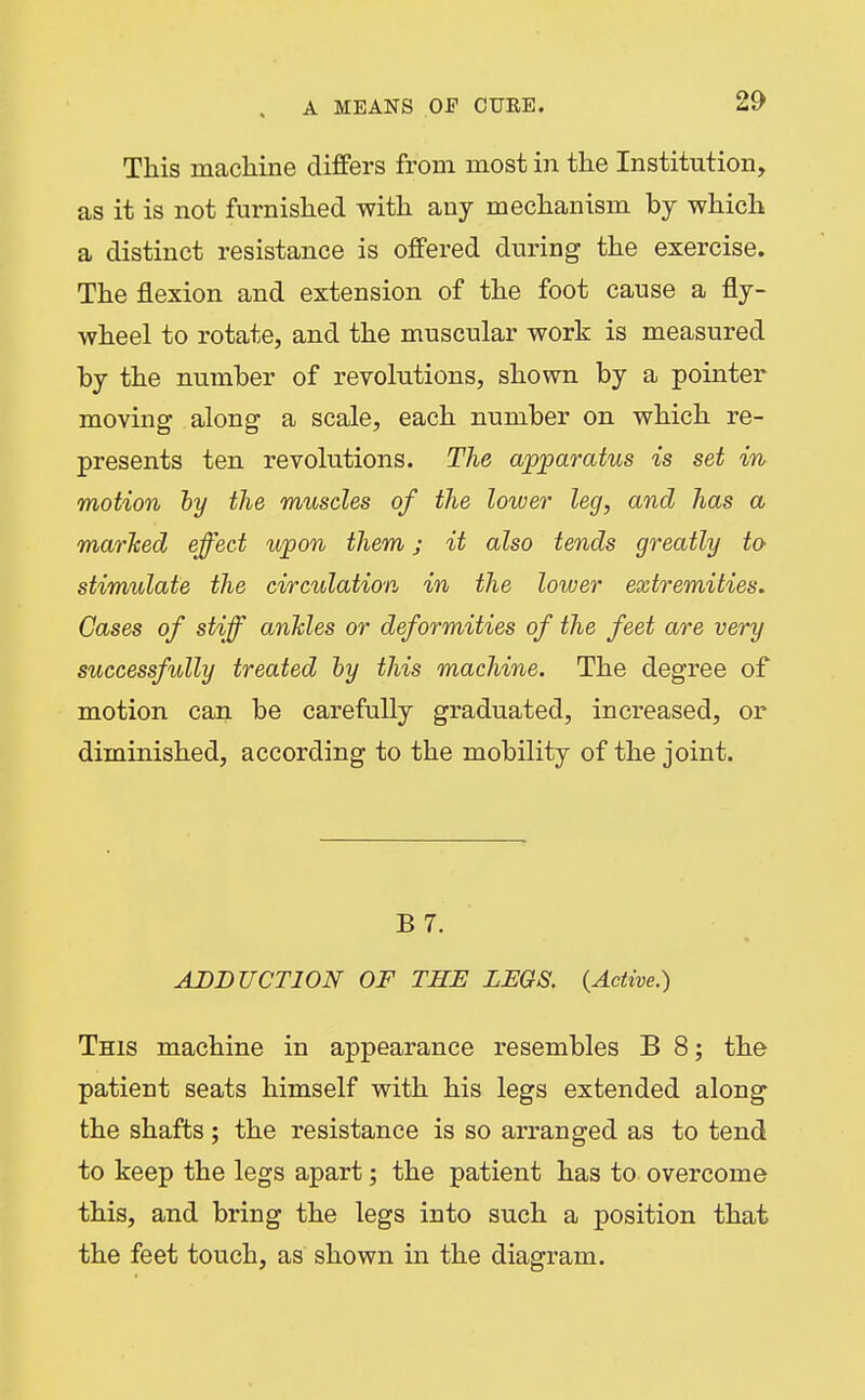 This machine differs from most in the Institution, as it is not furnished with any mechanism by which a distinct resistance is offered during the exercise. The flexion and extension of the foot cause a fly- wheel to rotate, and the muscular work is measured by the number of revolutions, shown by a pointer moving along a scale, each number on which re- presents ten revolutions. The ajpjparatus is set m motion hy the muscles of the lower leg, and has a marJced effect upon them j it also tends greatly to stimulate the circulation in the lower extremities. Cases of stiff anJcles or deformities of the feet are very successfully treated hy this machine. The degree of motion can be carefully graduated, increased, or diminished, according to the mobility of the joint. B 7. ADDUCTION OF THE LEGS. {Active.) This machine in appearance resembles B 8; the patient seats himself with his legs extended along the shafts; the resistance is so arranged as to tend to keep the legs apart; the patient has to overcome this, and bring the legs into such a position that the feet touch, as shown in the diagram.