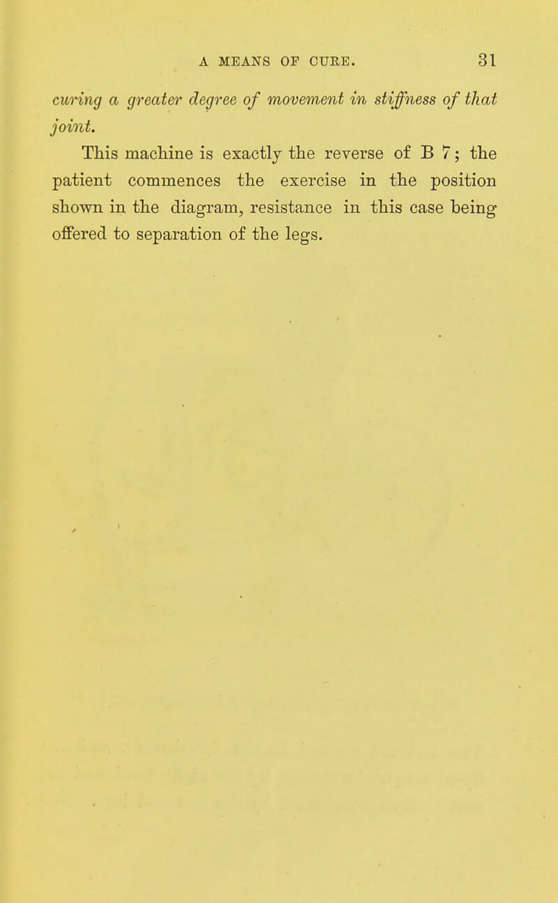 curing a greater degree of movement in stiffness of that joint. This machine is exactly the reverse of B 7; the patient commences the exercise in the position shown in the diagram, resistance in this case being offered to separation of the legs.