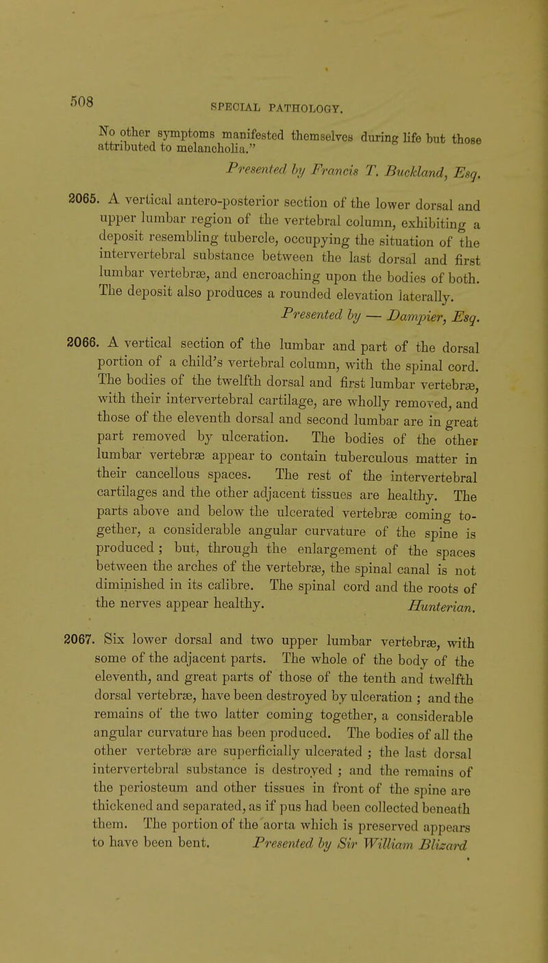 No other symptoms manifested themselves during Hfe but those attributed to melancholia. Presented hy Francis T. Buckland, Esq. 2065. A vertical antero-posterior section of the lower dorsal and upper lumbar region of the vertebral column, exhibiting a deposit resembling tubercle, occupying the situation of the intervertebral substance between the last dorsal and first lumbar vertebr£e, and encroaching upon the bodies of both. The deposit also produces a rounded elevation laterally. Presented hy — Dampier, Esq. 2066. A vertical section of the lumbar and part of the dorsal portion of a child's vertebral column, with the spinal cord. The bodies of the twelfth dorsal and first lumbar vertebrae, with their intervertebral cartilage, are wholly removed, and those of the eleventh dorsal and second lumbar are in great part removed by ulceration. The bodies of the other lumbar vertebrae appear to contain tuberculous matter in their cancellous spaces. The rest of the intervertebral cartilages and the other adjacent tissues are healthy. The parts above and below the ulcerated vertebrae coming to- gether, a considerable angular curvature of the spine is produced ; but, through the enlargement of the spaces between the arches of the vertebrae, the spinal canal is not diminished in its calibre. The spinal cord and the roots of the nerves appear healthy. Hunterian. 2067. Six lower dorsal and two upper lumbar vertebrae, with some of the adjacent parts. The whole of the body of the eleventh, and great parts of those of the tenth and twelfth dorsal vertebrse, have been destroyed by ulceration j and the remains of the two latter coming together, a considerable angular curvature has been produced. The bodies of all the other vertebrae are superficially ulcerated ; the last dorsal intervertebral substance is destroyed ; and the remains of the periosteum and other tissues in front of the spine are thickened and separated, as if pus had been collected beneath them. The portion of the aorta which is preserved appears to have been bent. Presented hy Sir William Blizard