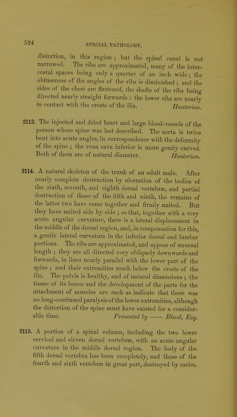 SPECIAL PATHOLOGY. distortion, in this region ; but the spinal canal is not narrowed. The ribs are approximated, many of the inter- costal spaces being only a quarter of an inch wide; the obtuseness of the angles of the ribs is diminished ; and the sides of the chest are flattened, the shafts of the ribs being directed nearly straight forwards : the lower ribs are nearly in contact with the crests of the ilia. Hunterian. 2113. The injected and dried heart and large blood-vessels of the person whose spine was last described. The aorta is twice bent into acute angles, in correspondence with the deformity of the spine ; the vena cava inferior is more gently curved. Both of them are of natural diameter. Hunterian. 2114. A natural skeleton of the trunk of an adult male. After nearly complete destruction by ulceration of the bodies of the sixth, seventh, and eighth dorsal vertebr£e, and partial destruction of those of the fifth and ninth, the remains of the latter two have come together and firmly united. But they have united side by side ; so that, together with a very acute angular curvature, there is a lateral displacement in the middle of the dorsal region, and, in compensation for this, a gentle lateral curvature in the inferior dorsal and lumbar portions. The ribs are approximated, and appear of unusual length ; they are all directed very obliquely downwards and forwards, in lines nearly parallel with the lower part of the spine ; and their extremities reach below the crests of the ilia. The pelvis is healthy, and of natural dimensions ; the tissue of its bones and the development of the parts for the attachment of muscles are such as indicate that there was no long-continued paralysis of the lower extremities, although the distortion of the spine must have existed for a consider- able time. Presented ly Blood, Esq. 2115. A portion of a spinal column, including the two loM^er cervical and eleven dorsal vertebrae, with an acute angular curvature in the middle dorsal region. The body of the fifth dorsal vertebra has been completely, and those of the fourth and sixth vertebras in great part, destroyed by caries.