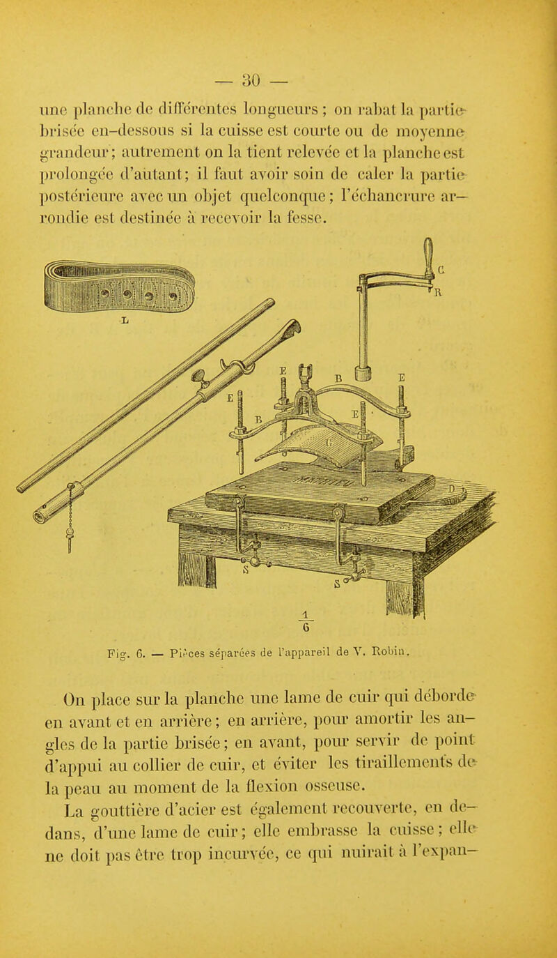 — so- nne planche de difTércntcs longueurs ; on rabat la partie- brisée en-dessous si la cuisse est courte ou de moyenne grandeur ; autrement on la tient relevée et la planche est prolongée d'autant ; il faut avoir soin de caler la partie postérieure avec un objet quelconque; l'échancrure ar- rondie est destinée à recevoir la fesse. Fig. 6. — Pirces séparées de l'appareil de V. Robin. On place sur la planche une lame de cuir qui déborde en avant et en arrière ; en arrière, pour amortir les an- gles de la partie brisée ; en avant, pour servir de point d'appui au collier de cuir, et éviter les tiraillements de la peau au moment de la flexion osseuse. La gouttière d'acier est également recouverte, en de- dans, d'une lame de cuir ; elle embrasse la cuisse ; elle ne doit pas être trop incurvée, ce qui nuirait à l'expan-