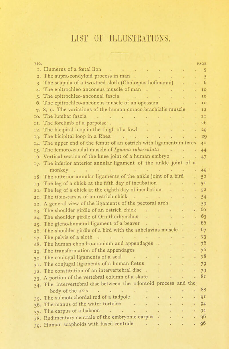 LIST OV ILLUSTRATIONS. FIG. PAGE 1. Humerus of a foetal lion 5 2. The supra-condyloid process in man 5 3. The scapula of a two-toed sloth (Cholcepus hoffmanni) . . 6 4. The epitrochleo-anconeus muscle of man . . . . .10 5. The epitrochleo-anconeal fascia .10 6. The epitrochleo-anconeus muscle of an opossum . . .10 7. 8, 9. The variations of the human coraco-brachialis muscle . 12 10. The lumbar fascia 21 11. The forelimb of a porpoise 26 12. The bicipital loop in the thigh of a fowl 29 13. The bicipital loop in a Rhea . . . ... . .29 14. The upper end of the femur of an ostrich with ligamentum teres 40 15. The femoro-caudal muscle of Iguana tubcrculata . . . 44 16. Vertical section of the knee joint of a human embryo . . 47 17. The inferior anterior annular ligament of the ankle joint of a monkey 49 18. The anterior annular ligaments of the ankle joint of a bird . 50 ig. The leg of a chick at the fifth day of incubation . . -51 20. The leg of a chick at the eighth day of incubation . . .52 21. The tibio-tarsus of an ostrich chick 54 22. A general view of the ligaments of the pectoral arch . . 59 23. The shoulder girdle of an ostrich chick 60 24. The shoulder girdle of Ornithorhynchus 63 25. The gleno-humeral ligament of a beaver 66 26. The shoulder girdle of a bird with the subclavius muscle . . 67 27. The pelvis of a sloth 73 28. The human chondro-cranium and appendages . . . . 76 29. The transformation of the appendages 76 30. The conjugal ligaments of a seal 78 31. The conjugal ligaments of a human foetus . . . -79 32. The constitution of an intervertebral disc 79 33. A portion of the vertebral column of a skate . . . .81 34. The intervertebral disc between the odontoid process and the body of the axis 88 35. The subnotochordal rod of a tadpole 9r 36. The manus of the water tortoise -94 37. The carpus of a baboon 94 38. Rudimentary centrale of the embryonic carpus . . . .96 39. Human scaphoids with fused centrals 96