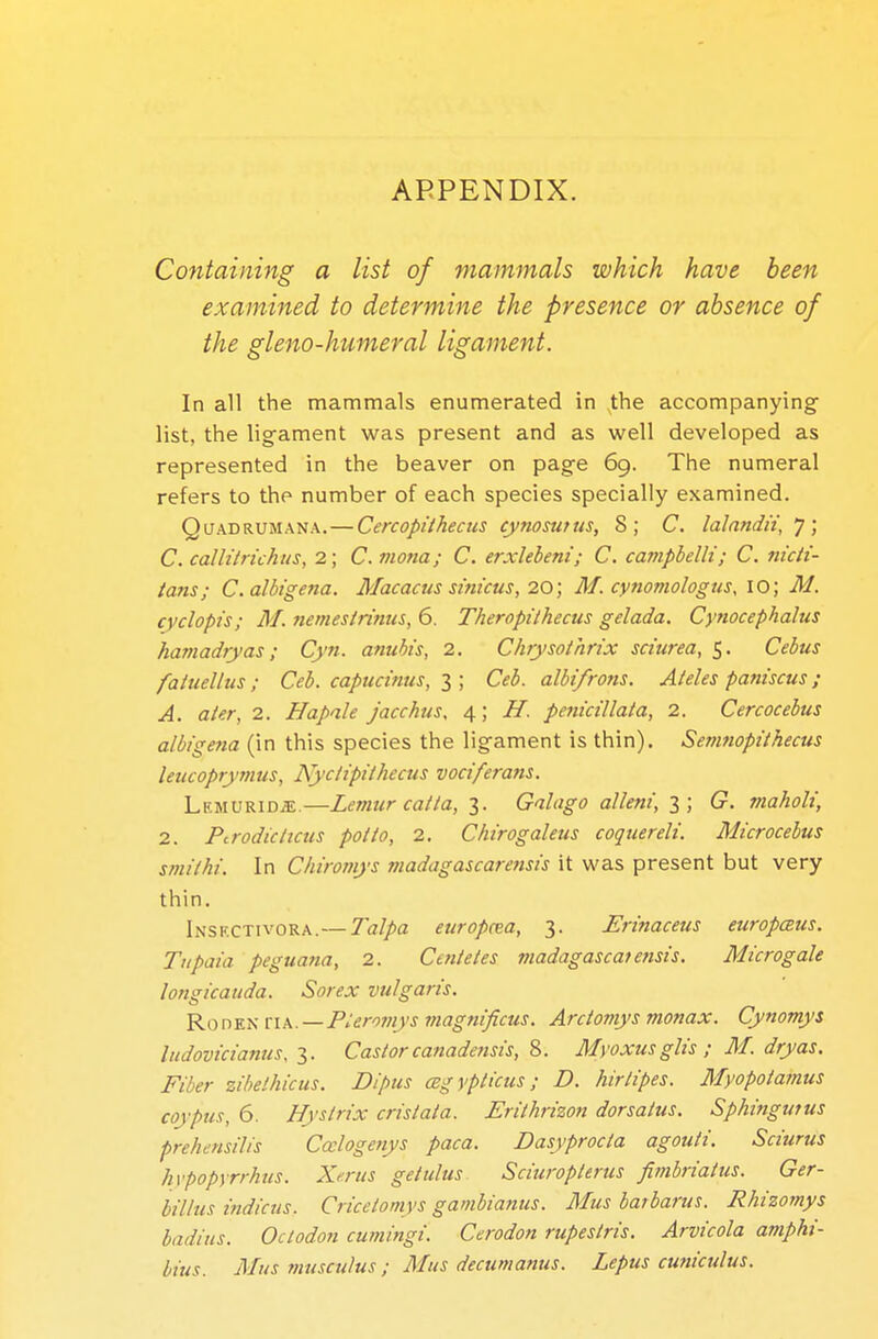 APPENDIX. Containing a list of mammals which have been examined to determine the presence or absence of the gleno-humeral ligament. In all the mammals enumerated in xthe accompanying list, the ligament was present and as well developed as represented in the beaver on page 69. The numeral refers to the number of each species specially examined. Quadrumana.—Cercopithecus cynosutus, 8; C. lalnndii, 7; C. calliirichus, 2; C. mona; C. erxlebeni; C. campbelli; C. ment- ions; C.albigena. Macacus sinicus, 20; M. cynomologus, 10; M. cyclopis; M. nemesirinus, 6. Theropithecus gelada. Cynocephalus hamadryas; Cyn. anubt's, 2. Chrysothrix sa'urea, 5. Cebus faluellus ; Ceb. capucinus, 3 ; Ceb. albifrons. Ateles paniscus ; A. ater, 2. Hapale jacchus, 4; H. penicillata, 2. Cercocebus albigena (in this species the ligament is thin). Semnopithecus leucoprymus, Nyctipithccus voa'ferans. Lkmurid-e.—Lemur calta, 3. Galago alleni, 3 ; G. maholi, 2. Ptrodiclicus potto, 2. Chirogaleus coquereli. Microcebus smithi. In Chiromys ?nadagascare?isis it was present but very thin. Insf.ctivora.—Talpa europma, 3. Erinaceus europaus. Tupaia peguana, 2. Cmteles madagascate?isis. Microgale longicauda. Sorex vulgaris. Rooen riA.—Pteromys magnificus. Arctomys monax. Cynomys ludovicianus, 3. Castorcanadensis, 8. Myoxus glis ; M. dry as. Fiber zibethicus. Dipus cegvpticus; D. hirlipes. Myopoiamus coy pus, 6. Hystrix cristata. Erithrizon dorsatus. Sphingutus prehensilis Ccclogenys paca. Dasyprocla agouti. Sciurus hvpopyrrhus. Xerus getulus Sciuropttrus fimbriatus. Ger- billus indicus. Cricetomys gambianus. Mus batbarus. Rhizomys badins. Oclodon cumingi. Cerodon rupestris. Arvicola amphi- bius. Mus musculus ; Mus decumanus. Lepus cuniculus.