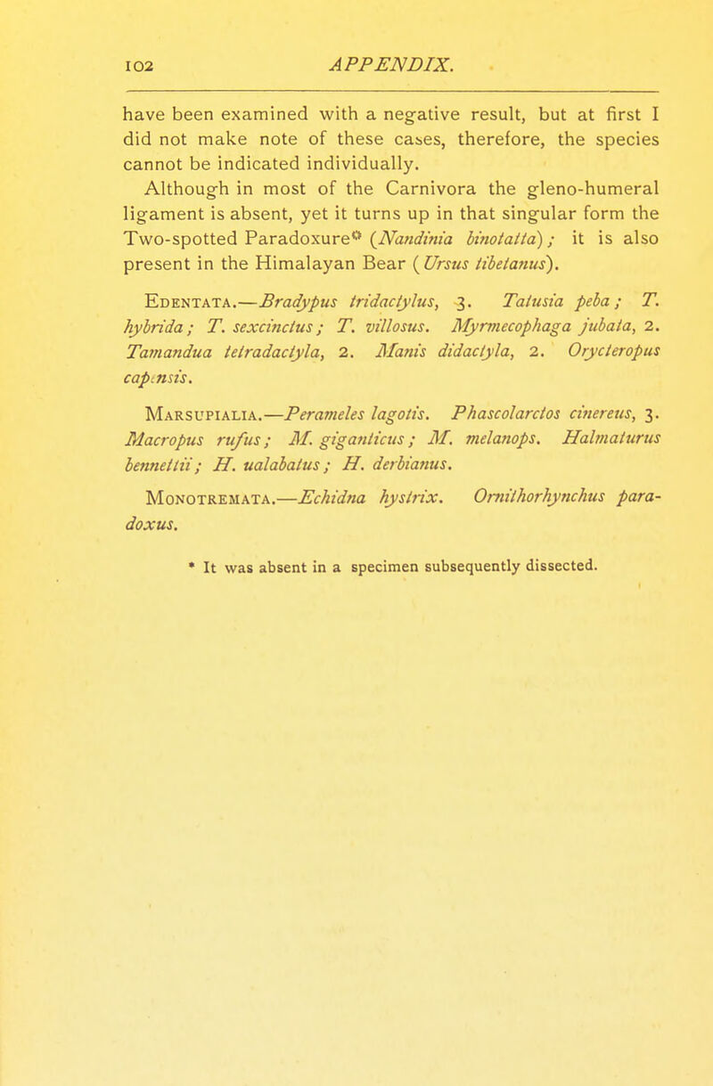have been examined with a negative result, but at first I did not make note of these cases, therefore, the species cannot be indicated individually. Although in most of the Carnivora the gleno-humeral ligament is absent, yet it turns up in that singular form the Two-spotted Paradoxure0 {Nandinia binotatta); it is also present in the Himalayan Bear ( Ursus tibetanus). Edentata.—Bradypus tridactylus, 3. Talusia peba ; T. hybrida; T. sexctncius; T. villosus. Myrmecophaga jubaia, 2. Tamaridua tetradaciyla, 2. Manis didaclyla, 2. Orycieropus captmis. Marsupialia.—Perameles lagotis. Phascolarctos cinerens, 3. Macropus rufus; M. giganlicus; M. melanops. Hahnaturns bennetlii; H. ualabatus; H. derbianus. Monotremata.—Echidna hystrix. Oniilhorhynchus para- doxus. * It was absent in a specimen subsequently dissected.