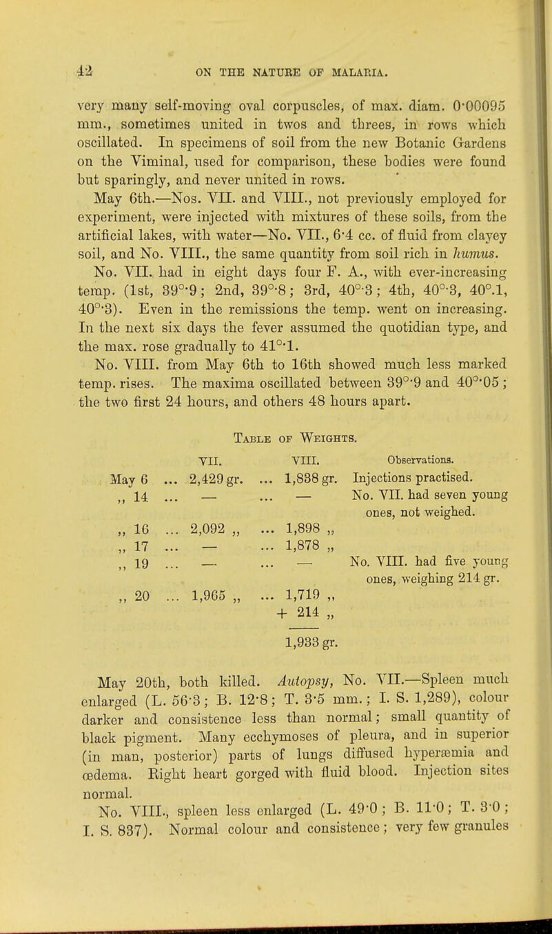 very many self-moving oval corpuscles, of max. diam. 0'00095 mm., sometimes united in twos and threes, in rows which oscillated. In specimens of soil from the new Botanic Gardens on the Viminal, used for comparison, these hodies were found but sparingly, and never united in rows. May 6th.—Nos. VII. and VIII., not previously employed for experiment, were injected with mixtures of these soils, from the artificial lakes, with water—No. VII., 64 cc. of fluid from clayey soil, and No. VIII., the same quantity from soil rich in humus. No. VII. had in eight days four F. A., with ever-increasing temp. (1st, 39°'9; 2nd, 39°-8; 3rd, 40° 3; 4th, 40°-3, 40°.l, 40o,3). Even in the remissions the temp, went on increasing. In the next six days the fever assumed the quotidian type, and the max. rose gradually to 410-1. No. VIII. from May 6th to 16th showed much less marked temp, rises. The maxima oscillated between 390-9 and 40o-05 ; the two first 24 hours, and others 48 hours apart. Table of Weights. VII. VIII. Observations. 2,429 gr. ... 1,838 gr. Injections practised. — ... — No. VII. had seven young ones, not weighed. 2,092 „ ... 1,898 „ — ... 1,878 „ — ... — No. VIII. had five young ones, weighing 214 gr. 1,965 „ ... 1,719 „ + 214 „ 1,933 gr. May 20th, both killed. Autopsy, No. VII.—Spleen much enlarged (L. 563; B. 12'8; T. 3-5 mm.; I. S. 1,289), colour darker and consistence less than normal; small quantity of black pigment. Many ecchymoses of pleura, and in superior (in man, posterior) parts of lungs diffused hyperamia and cedema. Right heart gorged with fluid blood. Injection sites normal. No. VIII., spleen less enlarged (L. 49*0; B. ll'Oj T. 3 0 ; I. S. 837). Normal colour and consistence ; very few granules May 6 ... ,, 14 „ 16 ... ,, 17 ... ,, 19 „ 20 ...