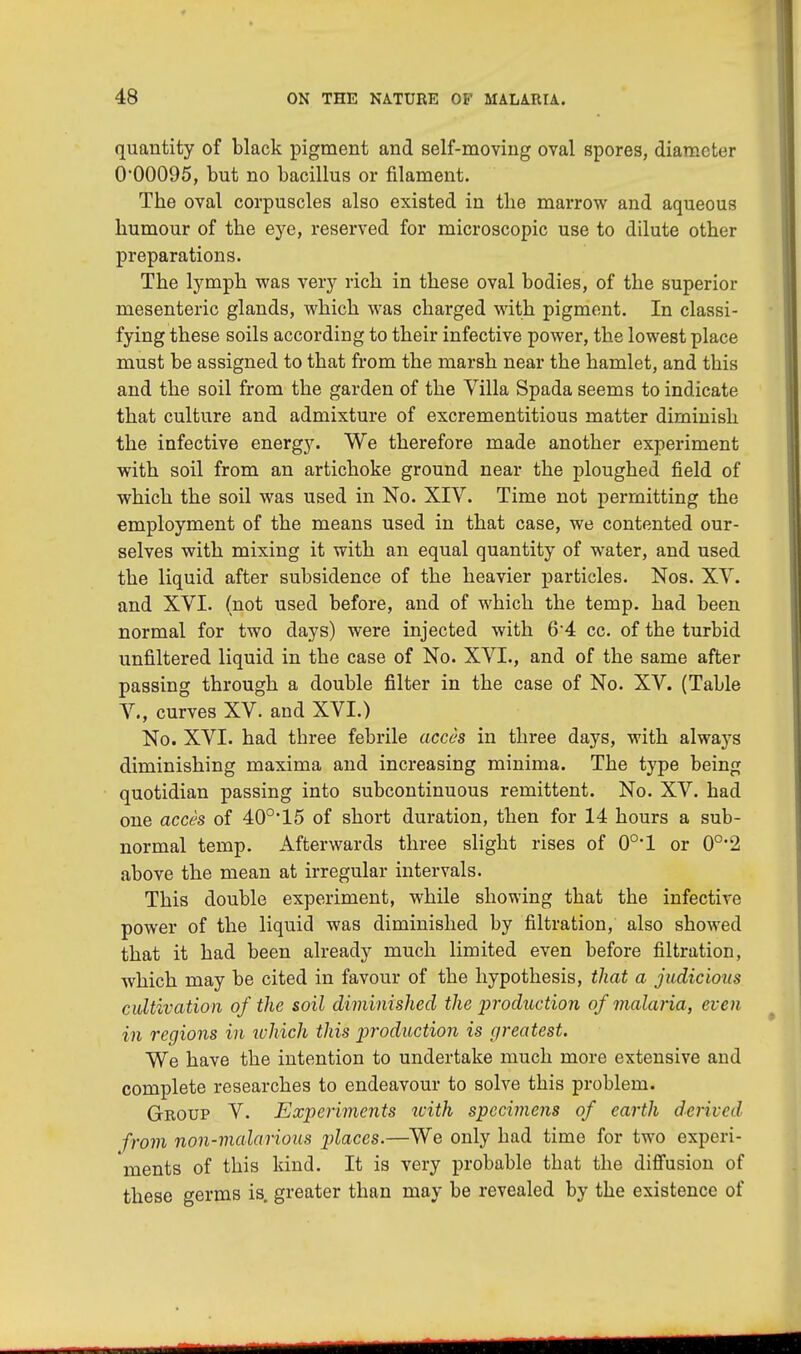 quantity of black pigment and self-moving oval spores, diameter 0*00095, but no bacillus or filament. The oval corpuscles also existed in the marrow and aqueous humour of the eye, reserved for microscopic use to dilute other preparations. The lymph was very rich in these oval bodies, of the superior mesenteric glands, which was charged with pigment. In classi- fying these soils according to their infective power, the lowest place must be assigned to that from the marsh near the hamlet, and this and the soil from the garden of the Villa Spada seems to indicate that culture and admixture of excrementitious matter diminish the infective energy. We therefore made another experiment with soil from an artichoke ground near the ploughed field of which the soil was used in No. XIV. Time not permitting the employment of the means used in that case, we contented our- selves with mixing it with an equal quantity of water, and used the liquid after subsidence of the heavier particles. Nos. XV. and XVI. (not used before, and of which the temp, had been normal for two days) were injected with 6'4 cc. of the turbid unfiltered liquid in the case of No. XVI., and of the same after passing through a double filter in the case of No. XV. (Table V., curves XV. and XVI.) No. XVI. had three febrile acccs in three days, with always diminishing maxima and increasing minima. The type being quotidian passing into subcontinuous remittent. No. XV. had one acces of 40o,15 of short duration, then for 14 hours a sub- normal temp. Afterwards three slight rises of 0o-l or 0o,2 above the mean at irregular intervals. This double experiment, while showing that the infective power of the liquid was diminished by filtration, also showed that it had been already much limited even before filtration, which may be cited in favour of the hypothesis, that a judicious cultivation of the soil diminished the production of malaria, even in regions in which this production is greatest. We have the intention to undertake much more extensive and complete researches to endeavour to solve this problem. Group V. Experiments ivith specimens of earth derived from non-malarious jjlaces.—We only had time for two experi- ments of this kind. It is very probable that the diffusion of these germs is. greater than may be revealed by the existence of