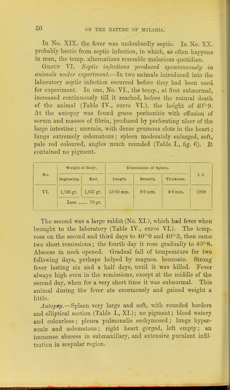 In No. XIX. the fever was undoubtedly septic. Iu No. XX. probably hectic from septic infection, in which, as often happens in man, the temp, alternations resemble malarious quotidian. Group VI. Septic infections produced spontaneously in animals under experiment.—In two animals introduced into the laboratory septic infection occurred before they had been used for experiment. In one, No. VI., the temp., at first subnormal, increased continuously till it reached, before the natural death of the animal (Table IV., curve VI.), the height of 40o>9. At the autopsy was found grave peritonitis with effusion of serum and masses of fibrin, produced by perforating ulcer of the large intestine ; antemia, with dense grumous clots in the heart; lungs extremely oedematous; spleen moderately enlarged, soft, pale red coloured, angles much rounded (Table I., fig. 6). It contained no pigment. No. Weight of Body. Dimensions of Spleen. I. S. Beginning. End. Length. Breadth. Thickness. VI. 1,236 gr. 1,057 gr. 53 00 mm. 90 mm. 4'6 mm. 1968 Loss . .... 79 gr. The second was a large rabbit (No. XI.), which had fever when brought to the laboratory (Table IV., curve VI.). The temp, rose on the second and third days to 40o,0 and 40o,3, then came two short remissions; the fourth day it rose gradually to 40o,8. Abscess in neck opened. Gradual fall of temperature for two following days, perhaps helped by magnes. benzoate. Strong fever lasting six and a half days, until it was killed. Fever always high even in the remissions, except at the middle of the second day, when for a very short time it was subnormal. This animal during the fever ate enormously and gained weight a little. Autopsy.—Spleen very large and soft, with rounded borders and elliptical section (Table I., XL); no pigment; blood watery and colourless; pleura pulmonalis ecchymosed ; lungs hyper- remic and oedematous; right heart gorged, left empty; an immense abscess in submaxillary, and extensive purulent infil- tration in scapular region.
