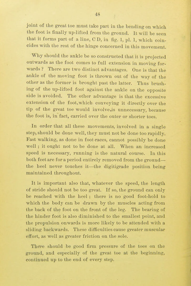 joint of the great toe must take part in the bending on which the foot is finally up-lifted from the ground. It will be seen that it forms part of a line, C D, in fig. 1, pi. 1, which coin- cides with the rest of the hinge concerned in this movement. Why should the ankle be so constructed that it is projected outwards as the foot comes to full extension in moving for- wards ? There are two distinct advantages. One is that the ankle of the moving foot is thrown out of the way of the other as the former is brought past the latter. Thus brush- ing of the up-lifted foot against the ankle on the opposite side is avoided. The other advantage is that the excessive extension of the foot,which conveying it directly over the tip of the great toe would involve,is unnecessary, because the foot is, in fact, carried over the outer or shorter toes. In order that all these movements, involved in a single step, should be done well, they must not be done too rapidly. Fast walking, as done in foot-races, cannot possibly be done well ; it ought not to be done at all. When an increased speed is necessary, running is the natural course. In this both feet are for a period entirely removed from the ground— the heel never touches it—the digitigrade position being maintained throughout. It is important also that, whatever the speed, the length of stride should not be too great. If so, the ground can only be reached with the heel ; there is no good foot-hold to which the body can be drawn by the muscles acting from the back of the foot on the front of the leg. The bearing of the hinder foot is also diminished to the smallest point, and the propulsion onwards is more likely to be attended with a sliding backwards. These difficulties cause greater muscular effort, as well as greater friction on the sole. There should be good firm pressure of the toes on the ground, and especially of the great toe at the beginning, continued up to the end of every step.