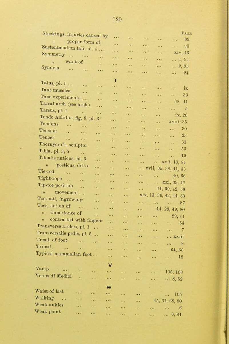 Stockings, injuries caused by  proper form of Sustentaculum tali, pi. 4 Symmetry ii want of Synovia Talus, pi. 1 Taut muscles Tape experiments Tarsal arch (see arch) Tarsus, pi. 1 Tendo Achillis, fig. 8, pi. 3 Tendons Tension Teucer Thornycroft, sculptor Tibia, pi. 3, 5 Tibialis anticus, pi. 3 it posticus, ditto Tie-rod Tight-rope Tip-toe position  movement... Toe-nail, ingrowing Toes, action of n importance of ii contrasted with fingers Transverse arches, pi. 1 Transversalis pedis, pi. 5 ... Tread, of foot Tripod Typical mammalian foot... Page 89 ... 90 xiv, 43 ... 1, 94 ... 2, 95 24 ■ •• ix 33 38, 41 5 ix, 20 xviii, 35 30 23 53 53 19 xvii, 10, 84 ... xvii, 35, 38, 41, 43 40, 66 xxi, 39, 47 11, 39, 42, 58 xix, 13, 36, 42, 44, 83 87 14, 29, 49, 80 29,41 ... 54 7 xxiii 8 64, 66 18 Vamp Venus di Medici Waist of last Walking Weak ankles Weak point W 106, 108 8, 52 105 45, 61, 68, 80 6 ... 6, 84
