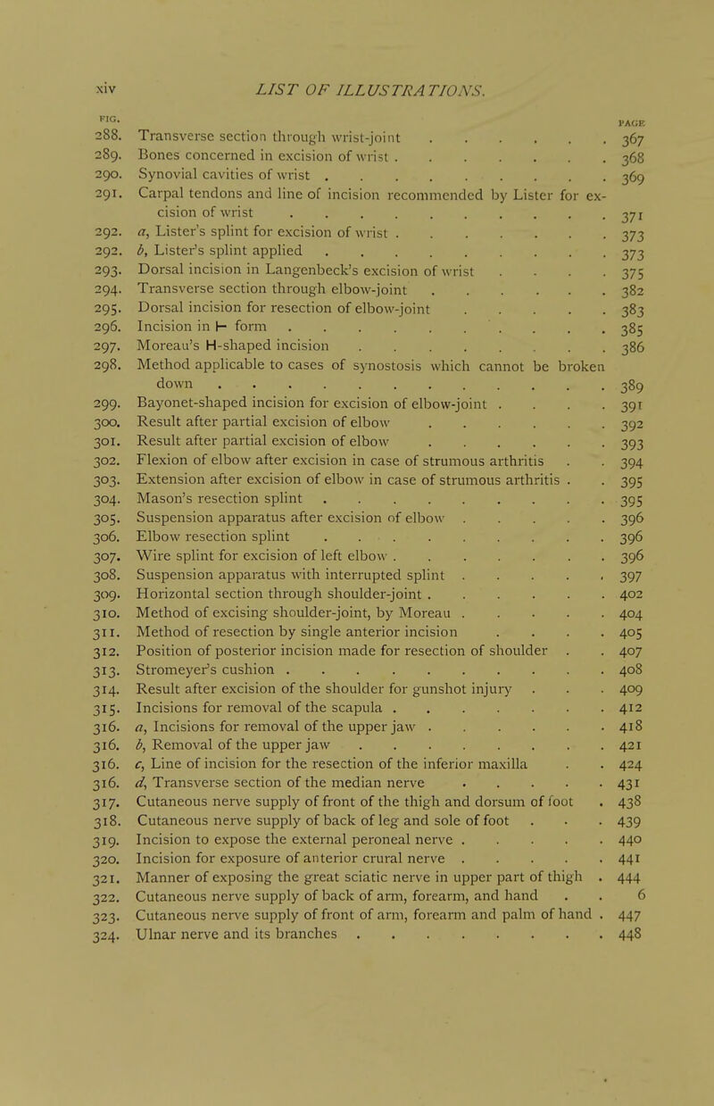 PAGE 288. Transverse section through wrist-joint 367 289. Bones concerned in excision of wrist 368 290. Synovial cavities of wrist 369 291. Carpal tendons and line of incision recommended by Lister for ex- cision of wrist 371 292. a, Lister's splint for excision of wrist 373 292. b, Lister's splint applied 373 293. Dorsal incision in Langenbeck's excision of wrist . . . -375 294. Transverse section through elbow-joint 382 295. Dorsal incision for resection of elbow-joint 383 296. Incision in h form .......... 385 297. Moreau's H-shaped incision 386 298. Method applicable to cases of synostosis which cannot be broken down 389 299. Bayonet-shaped incision for excision of elbow-joint .... 391 300. Result after partial excision of elbow 392 301. Result after partial excision of elbow 393 302. Flexion of elbow after excision in case of strumous arthritis . . 394 303. Extension after excision of elbow in case of strumous arthritis . . 395 304. Mason's resection splint . 395 305. Suspension apparatus after excision of elboA\' 396 306. Elbow resection splint 396 307. Wire splint for excision of left elbow ....... 396 308. Suspension apparatus with interrupted splint 397 309. Horizontal section through shoulder-joint 402 310. Method of excising shoulder-joint, by Moreau 404 311. Method of resection by single anterior incision .... 405 312. Position of posterior incision made for resection of shoulder . . 407 313. Stromeyer's cushion 408 314. Result after excision of the shoulder for gunshot injuiy . . . 409 315. Incisions for removal of the scapula 412 316. rt, Incisions for removal of the upper jaw 418 316. Removal of the upper jaw 421 316. c, Line of incision for the resection of the inferior maxilla . . 424 316. if, Transverse section of the median nerve 431 317. Cutaneous nerve supply of front of the thigh and dorsum of foot . 438 318. Cutaneous nerve supply of back of leg and sole of foot . . . 439 319. Incision to expose the external peroneal nerve 440 320. Incision for exposure of anterior crural nerve 441 321. Manner of exposing the great sciatic nerve in upper part of thigh . 444 322. Cutaneous nerve supply of back of arm, forearm, and hand . . 6 323. Cutaneous nerve supply of front of arm, forearm and palm of hand . 447 324. Ulnar nerve and its branches 448