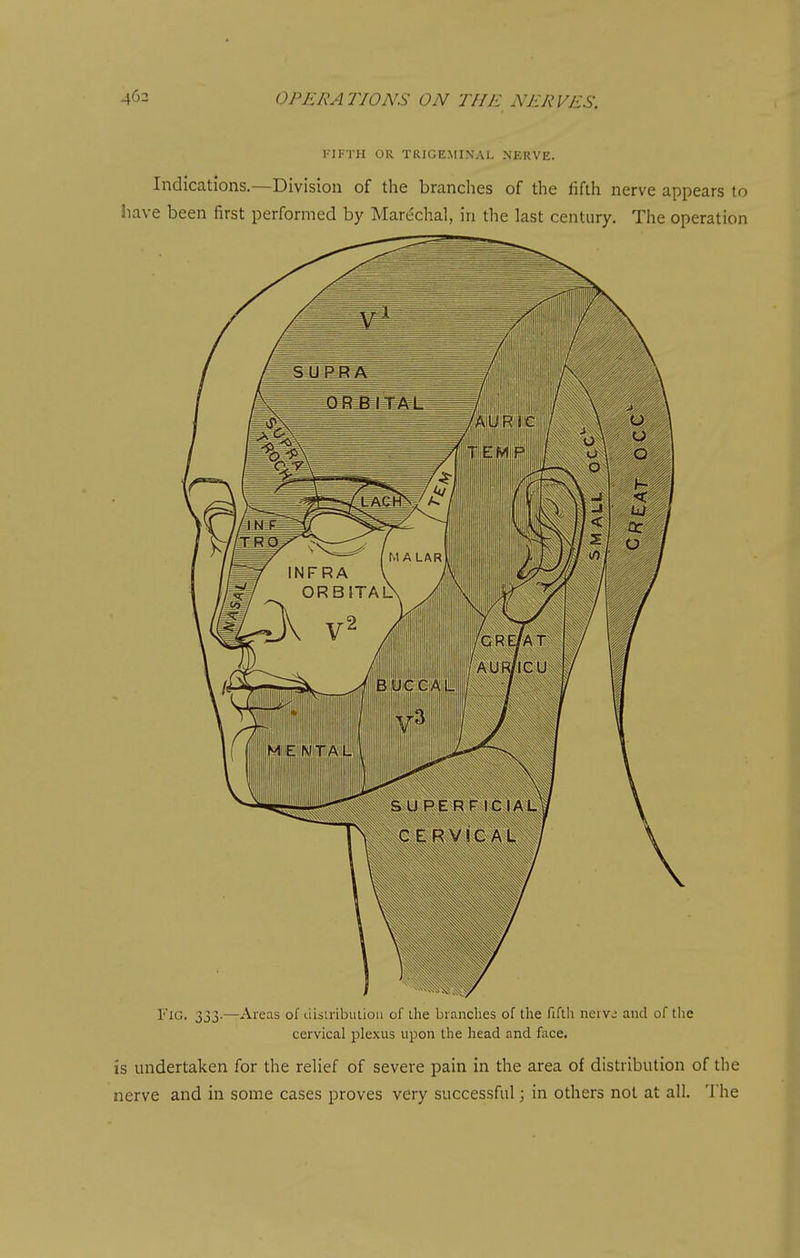 KIFTH OR TRIGEMINAL NERVE. Indications.—Division of the branches of the fifth nerve appears to have been first performed by Mar(^cha], in the last century. The operation Flc. 333.—Areas of uistributiou of ihe branches of the fifth nerva and of tlie cervical plexus upon the head and face. is undertaken for the relief of severe pain in the area of distribution of the nerve and in some cases proves very successful; in others not at all. The