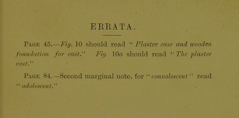 ERRATA. Page 45.—Fiij. 10 should read  Plaster case and wooden foundation for cast. Fig. 10a should read 11 The plaster CI 1st. Page 84.—Second marginal note, for convalescent  read ■' adolescent.