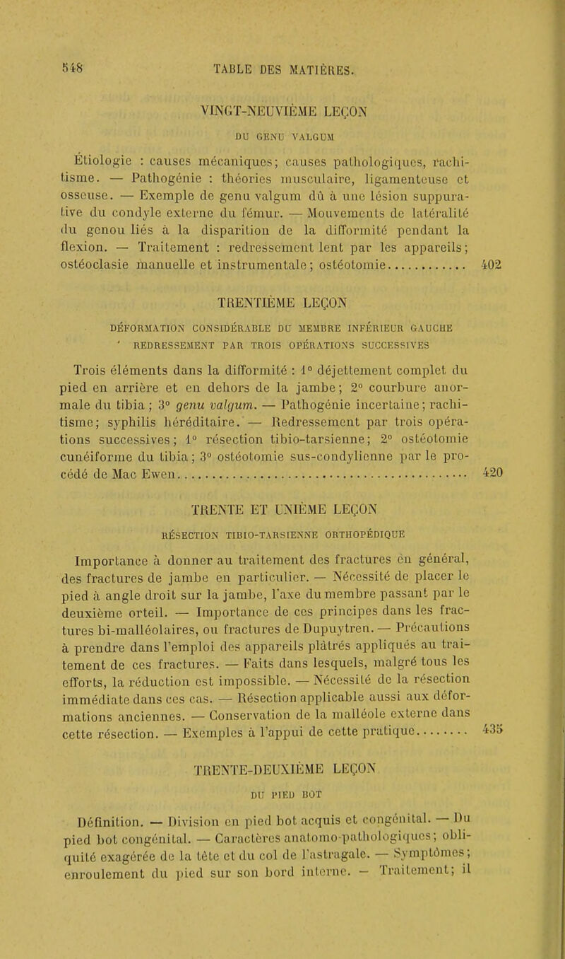 VINGT-NEUVIÈME LEÇON DU GENU VALGUM Étiologie : causes mécaniques; causes pathologiques, rachi- tisme. — Pathogénie : théories musculaire, ligamenteuse et osseuse. — Exemple de genu valgum dû à une lésion suppura- tive du condyle externe du l'émur. — Mouvements de latéralité du genou liés à la disparition de la difformité pendant la flexion. — Traitement : redressement lent par les appareils; ostéoclasie manuelle et instrumentale; ostéotomie 402 TRENTIÈME LEÇON DÉFORMATION CONSIDÉRABLE DU MEMBRE INFÉRIEUR GAUCHE ' REDRESSEMENT PAR TROIS OPÉRATIONS SUCCESSIVES Trois éléments dans la difTormité : 1° déjettement complet du pied en arrière et en dehors de la jambe; 2° courbure anor- male du tibia ; 3° genu valgum. — Pathogénie incertaine; rachi- tisme; syphilis héréditaire. — Redressement par trois opéra- tions successives; 1° résection tibio-tarsienne; 2° ostéotomie cunéiforme du tibia ; 3° ostéotomie sus-condylienne par le pro- cédé de Mac Ewen 420 TRENTE ET UNIÈME LEÇON RÉSECTION TIBIO-TARSIENNE ORTHOPÉDIQUE Importance à donner au traitement des fractures én général, des fractures de jambe en particulier. — Nécessité de placer le pied à angle droit sur la jambe. Taxe du membre passant par le deuxième orteil. — Importance de ces principes dans les frac- tures bi-malléolaires, ou fractures de Dupuytren. — Précautions à prendre dans l'emploi dos appareils plâtrés appliqués au trai- tement de ces fractures. — Faits dans lesquels, malgré tous les efforts, la réduction est impossible. — Nécessité de la résection immédiate dans ces cas. — Résection applicable aussi aux défor- mations anciennes. — Conservation de la malléole externe dans cette résection. — Exemples à l'appui de cette pratique 435 TRENTE-DEUXIÈME LEÇON DU PIED BOT Définition. — Division en pied bot acquis et congénital. — Du pied bot congénital. — Caractères analomo patliobigi(iucs; obli- quité exagérée de la tête et du col de l'astragale. — Symptômes; enroulement du pied sur son bord interne. - Traitement; il