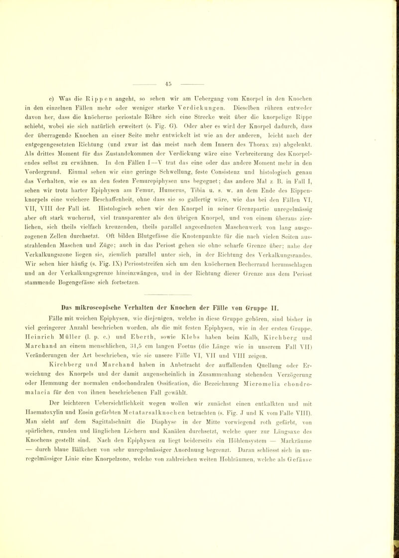 c) Was die Rippen angeht, so sehen wir am Uebergang vom Knorpel in den Knochen in den einzelnen Fällen mehr oder weniger starke Verdickungen. Dieselben rühren entweder davon her, dass die knöcherne periostale Röhre sich eine Strecke weit über die knorpelige Rippe schiebt, wobei sie sich natürlich erweitert (s. Fig. G). Oder aber es wird der Knorpel dadurch, dass der überragende Knochen an einer Seite mehr entwickelt ist wie an der anderen, leicht nach der entgegengesetzten Richtung (und zwar ist das meist nach dem Innern des Thorax zu) abgelenkt. Als drittes Moment für das Zustandekommen der Verdickung wäre eine Verbreiterung des Knorpel- endes selbst zu erwähnen. In den Fällen I—V trat das eine oder das andere Moment mehr in den Vordergrund. Einmal sehen wir eine geringe Schwellung, feste Consistenz und histologisch genau das Verhalten, wie es an den festen Femurepiphysen uns begegnet; das andere Mal z. B. in Fall I, sehen wir trotz harter Epiphysen am Femur, Humerus, Tibia u. s. w. an dem Ende des Rippen- knorpels eine weichere Beschaffenheit, ohne dass sie so gallertig wäre, wie das bei den Fällen VI, VII, VIII der Fall ist. Histologisch sehen wir den Knorpel in seiner Grenzpartie unregelmässig aber oft stark wuchernd, viel transparenter als den übrigen Knorpel, und von einem überaus zier- lichen, sich theils vielfach kreuzenden, theils parallel angeordneten Maschenwerk von lang ausge- zogenen Zellen durchsetzt. Oft bilden Blutgefässe die Knotenpunkte für die nach vielen Seiten aus- strahlenden Maschen und Züge; auch in das Periost gehen sie ohne scharfe Grenze über; nahe der Verkalkungszone liegen sie, ziemlich parallel unter sich, in der Richtung des Verkalkungsrandes. Wir sehen hier häufig (s. Fig. IX) Perioststreifen sich um den knöchernen Becherrand herumschlagen und an der Verkalkungsgrenze hineinzwängen, und in der Richtung dieser Grenze aus dem Periost stammende Bogengefässe sich fortsetzen. Das mikroscopische Verhalten der Knoeheii der Fälle von Gruppe II. Fälle mit weichen Epiphysen, wie diejenigen, welche in diese Gruppe gehören, sind bisher in viel geringerer Anzahl beschrieben worden, als die mit festen Epiphysen, wie in der ersten Gruppe. Heinrich Müller (1. p. c.) und Eberth, sowie Klebs haben beim Kalb, Kirchberg und Marchand an einem menschlichen, 31,5 cm langen Foetus (die Länge wie in unserem Fall VII) Veränderungen der Art beschrieben, wie sie unsere Fälle VI, VII und VIII zeigen. Kirchberg und Marchand haben in Anbetracht der auffallenden Quellung oder Er- weichung des Knorpels und der damit augenscheinlich in Zusammenhang stehenden Verzögerung oder Hemmung der normalen endochondralen Ossifikation, die Bezeichnung Micromelia chondro- malacia für den von ihnen beschriebenen Fall gewählt. Der leichteren Uebersichtlichkeit wegen wollen wir zunächst einen entkalkten und mit Haematoxylin und Eosin gefärbten Metatarsalknochen betrachten (s. Fig. J und K vom Falle VIII). Man sieht auf dem Sagittalschnitt die Diaphyse in der Mitte vorwiegend roth gefärbt, von spärlichen, runden und länglichen Löchern und Kanälen durchsetzt, welche quer zur Längsaxe des Knochens gestellt sind. Nach den Epiphysen zu liegt beiderseits ein Ilöhlensystem - Markräume — durch blaue Bälkchen von sehr unregelmässiger Anordnung begrenzt. Daran schliesst sich in un- regelmässiger Linie eine Knorpelzone, welche von zahlreichen weiten Hohlräumen, welche als Gefässe