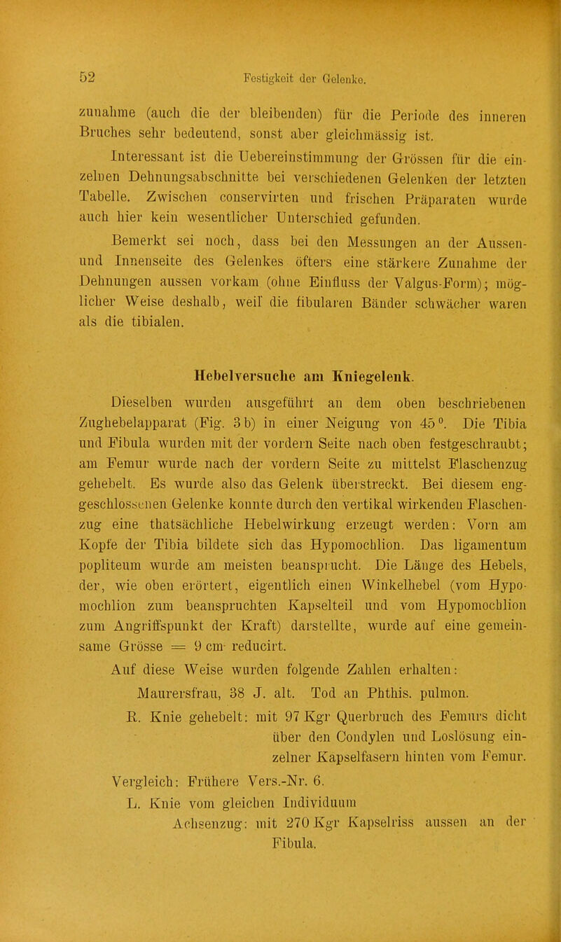 zunähme (auch die der bleibenden) für die Periode des inneren Bruches sehr bedeutend, sonst aber gleichmässig ist. Interessant ist die Uebereiustimmung der Grössen für die ein- zelnen Dehnungsabschnitte bei verschiedenen Gelenken der letzten Tabelle. Zwischen conservirteu und frischen Präparaten wurde auch hier kein wesentlicher Unterschied gefunden. Bemerkt sei noch, dass bei den Messungen an der Aussen- und Innenseite des Gelenkes öfters eine stärkere Zunahme der Dehnungen aussen vorkam (ohne Einfliiss der Valgus-Form); mög- licher Weise deshalb, weil die fibularen Bänder schwächer waren als die tibialen. Hebelversuclie am Kniegelenk. Dieselben wurden ausgeführt an dem oben beschriebenen Zughebelapparat (Fig. 3 b) in einer Neigung von 45°. Die Tibia und Fibula wurden mit der vordem Seite nach oben festgeschraubt; am Femur wurde nach der vordem Seite zu mittelst Flaschenzug gehebelt. Es wurde also das Gelenk überstreckt. Bei diesem eng- geschlossenen Gelenke konnte durch den vertikal wirkenden Flaschen- zug eine thatsächliche Hebelwirkung erzeugt werden: Vorn am Kopfe der Tibia bildete sich das Hyporaochlion. Das ligamentum popliteum wurde am meisten beansprucht. Die Länge des Hebels, der, wie oben erörtert, eigentlich einen Winkelhebel (vom Hypo- mochlion zum beanspruchten Kapselteil und vom Hypomocblion zum Angriffspunkt der Kraft) darstellte, wurde auf eine gemein- same Grösse = 9 cm- reducirt. Auf diese Weise wurden folgende Zahlen erhalten: Maurersfrau, 38 J. alt. Tod an Phthis. pulmon. B. Knie gehebelt: mit 97 Kgr Querbruch des Femurs dicht über den Condylen und Loslösung ein- zelner Kapselfasern hinten vom Femur. Vergleich: Frühere Vers.-Nr. 6. L. Knie vom gleichen Individuum Achsenzug: mit 270 Kgr Kapselriss aussen an der Fibula.