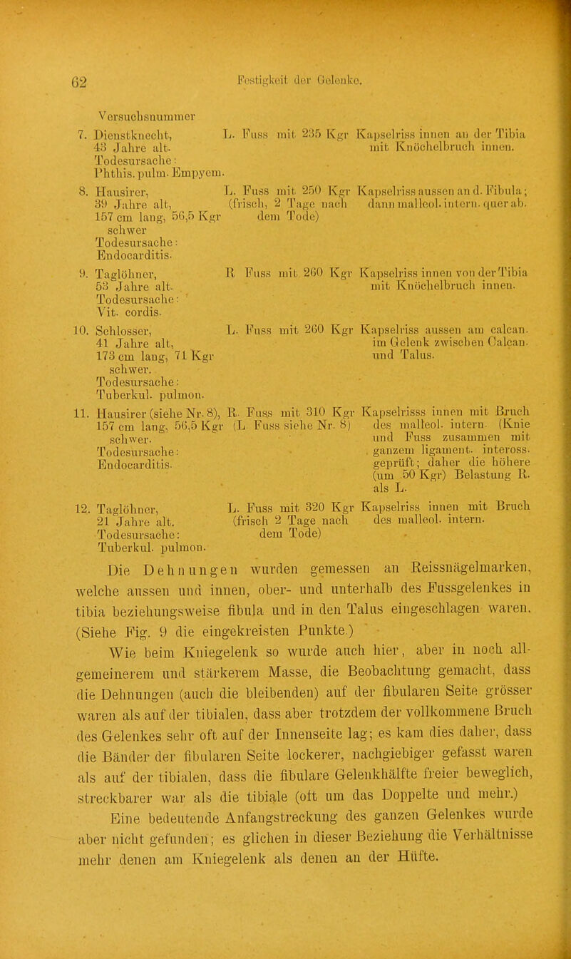 VersucLsnummer 7. Dienstknecht, L- Fuss mit 23ii Kgr Kapselriss iuiKni an der Tibia ■i;J Jahre alt. mit Kiiöchelbrucii innen. Todesursache: Phthis. pulm. Empyem. 8. Hausircr, L. Fuss mit 250 Kgi- Kapselriss aussen an d. Fibula; 39 Jahre alt, (frisch, 2 Tage nach dann malleol. intern, quer ab. 1.57 cm lang, 56,5 Kgr dem Tode) schwer Todesursache: Eudocarditis. f. Taglöhner, R Fuss mit. 260 Kgr Kapselriss innen von derTibia 53 Jahre alt. mit Knüehelbrucli innen. Todesursache: Vit. cordis. 10. Schlosser, L. Fuss mit 260 Kgr Kapselriss aussen am calcan. 41 Jahre alt, im Gelenk zwischen Calcan. 173 cm lang, 71 Kgr und Talus. schwer. Todesursache: Tuberkul. pulmon. 11. Hausirer (siehe Nr. 8), R. FuS5 mit 310 Kgr Kapselrisss innen mit Bruch 157 cm lang, 56,5 Kgr (L Fuss siehe Nr. 8) des malleol. intern. (Knie schwer. uud. Fuss zusammen mit Todesursache: ganzem ligament. inteross. Eudocarditis. geprüft; daher die höhere (um 50 Kgr) Belastung R. als L. 12. Taglöhner, L. Fuss mit 320 Kgr Kapselriss innen mit Brucli 21 Jahre alt. (frisch 2 Tage nach des malleol. intern. Todesursache: dem Tode) Tuberkul. pulmon. Die Dehnungen wurflen gemessen an Reissnägelmarken, welche aussen und innen, ober- und unterhalb des Fussgelenkes in tibia beziehungsweise fibula und in den Talus eingeschlagen waren. (Siehe Fig. 9 die eingekreisten Punkte.) Wie beim Kniegelenk so wurde auch hier, aber in noch all- gemeinerem und stärkerem Masse, die Beobachtung gemacht, dass die Dehnungen (auch die bleibenden) auf der fibularen Seite grösser waren als auf der tibialen, dass aber trotzdem der vollkommene Bruch des Gelenkes sehr oft auf der Innenseite lag; es kam dies daher, dass die Bänder der fibularen Seite lockerer, nachgiebiger gefasst waren als auf der tibialen, dass die fibulare Gelenkhälfte freier beweglich, streckbarer war als die tibiale (oft um das Doppelte und mehr.) Eine bedeutende Anfangstreckung des ganzen Gelenkes wurde aber nicht gefunden; es glichen in dieser Beziehung die Verhältnisse mehr denen am Kniegelenk als denen an der Hüfte.