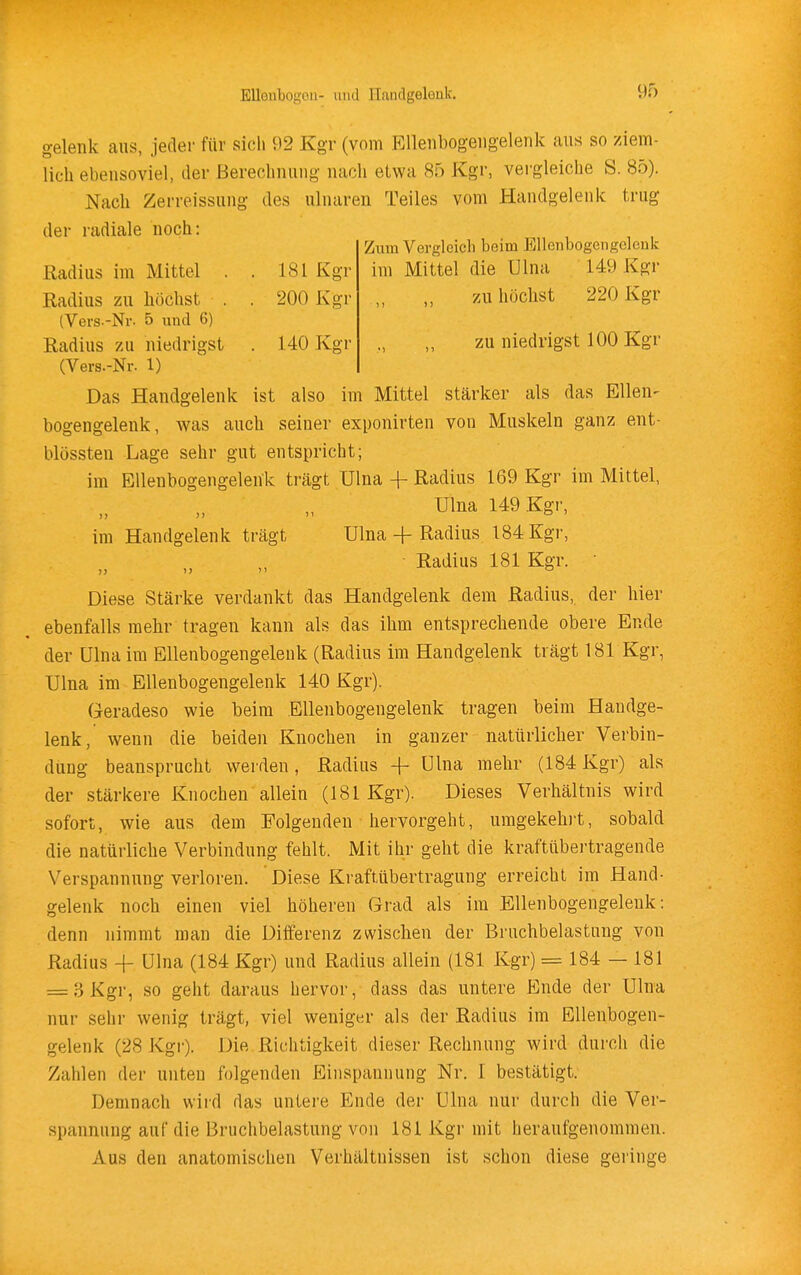 gelenk aus, jeder für sich 92 Kgr (vom EUenbogeiigelenk aus so ziem- lich ebensoviel, der Berechnung nach etwa 85 Kgr, vei'gleiche S. 85). Nach Zerreissung des ulnaren Teiles vom Handgelenk trug der radiale noch: Zixm Vergleich beim Elleiibogeiigclcuk Radius im Mittel . . 181 Kgr im Mittel die Ulna 149 Kgr Radius zu höchst . . 200 Kgr „ „ zu höchst 220 Kgr (Vers.-Nr. 5 und 6) Radius zu niedrigst . 140 Kgr „ zu niedrigst 100 Kgr (Vers.-Nr. 1) Das Handgelenk ist also im Mittel stärker als das Ellen- bogengelenk, was auch seiner exponirten von Muskeln ganz ent- blössten Lage sehr gut entspricht; im Ellenbogengelenk trägt Ulna -f- Radius 169 Kgr im Mittel, Ulna l49K.gr, im Handgelenk trägt Ulna + Radius 184 Kgr, Radius 181 Kgr. ' Diese Stärke verdankt das Handgelenk dem Radius, der hier ebenfalls mehr tragen kann als das ihm entsprechende obere Ende der Ulna im Ellenbogengeleuk (Radius im Handgelenk trägt 181 Kgr, Ulna im Ellenbogengelenk 140 Kgr). Geradeso wie beim Ellenbogengelenk tragen beim Handge- lenk, wenn die beiden Knochen in ganzer natürlicher Verbin- dung beansprucht werden, Radius -f- Ulna mehr (184 Kgr) als der stärkere Knochen allein (181 Kgr). Dieses Verhältnis wird sofort, wie aus dem Folgenden hervorgeht, umgekehi-t, sobald die natürliche Verbindung fehlt. Mit ihr geht die kraftübertragende Verspannung verloren. Diese Kraftübertragung erreicht im Hand- gelenk noch einen viel höheren Grad als im Ellenbogengelenk: denn nimmt man die Differenz zwischen der Bruchbelastung von Radius Ulna (184 Kgr) und Radius allein (181 Kgr) = 184 — 181 = 3 Kgr, so geht daraus hervor, dass das untere Ende der Ulna nur sehr wenig trägt, viel weniger als der Radius im Ellenbogen- gelenk (28 Kgr). Die Richtigkeit dieser Rechnung wird durch die Zahlen der unten folgenden Einspannung Nr. I bestätigt. Demnach wird das untere Ende der Ulna nur durch die Ver- spannung auf die Bruchbelastung von 181 Kgr mit heraufgenommen. Aus den anatomischen Verhältnissen ist schon diese geringe